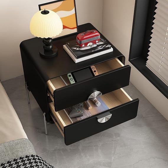 Bedside Table Nightstand Square Body Four Metal Legs Two Drawers for Bedroom Storage Bedroom(Black,Medium)