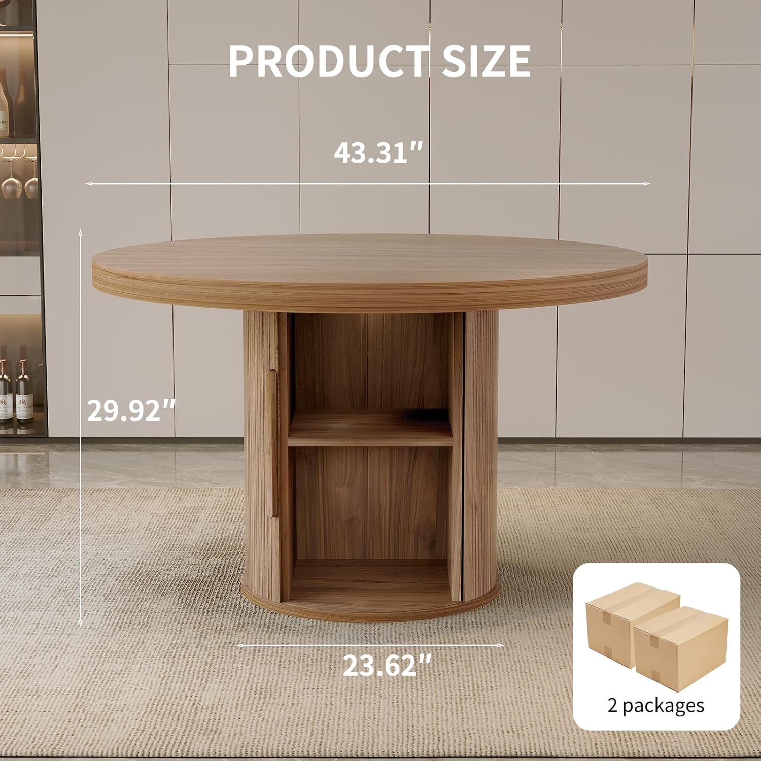 HIPIHOM 43.3" Round Kitchen Table for 4-6 Modern Farmhouse with Storage Shelf, Waterproof Top for Small Space Dining, Office, Living Room (Walnut Color Table)