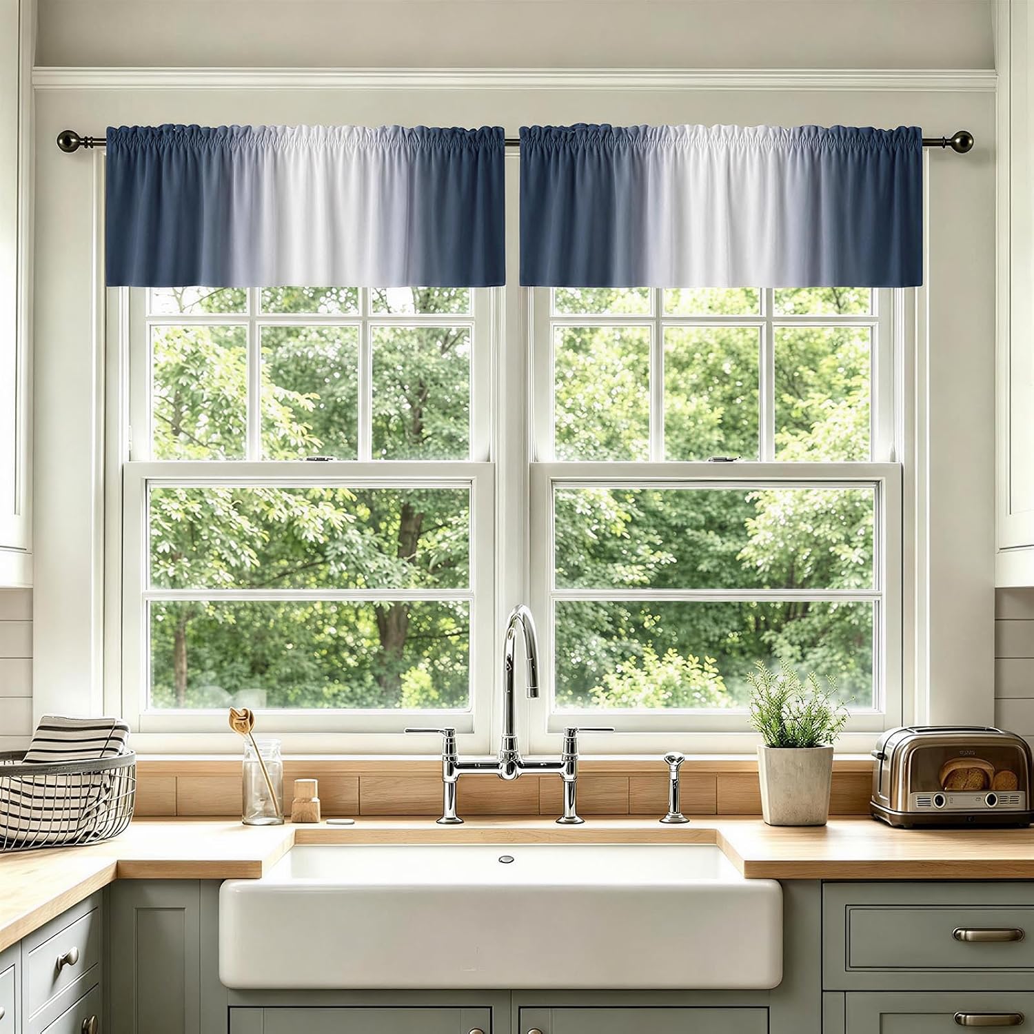 Blue and White Valances for Window,Blue Ombre Light Filtering Short Curtains for Kitchen Bedroom Living Room,Rod Pocket Top Small Window Treatment Valance RV Bunk Panels,52" Wx18 L,2 Pieces