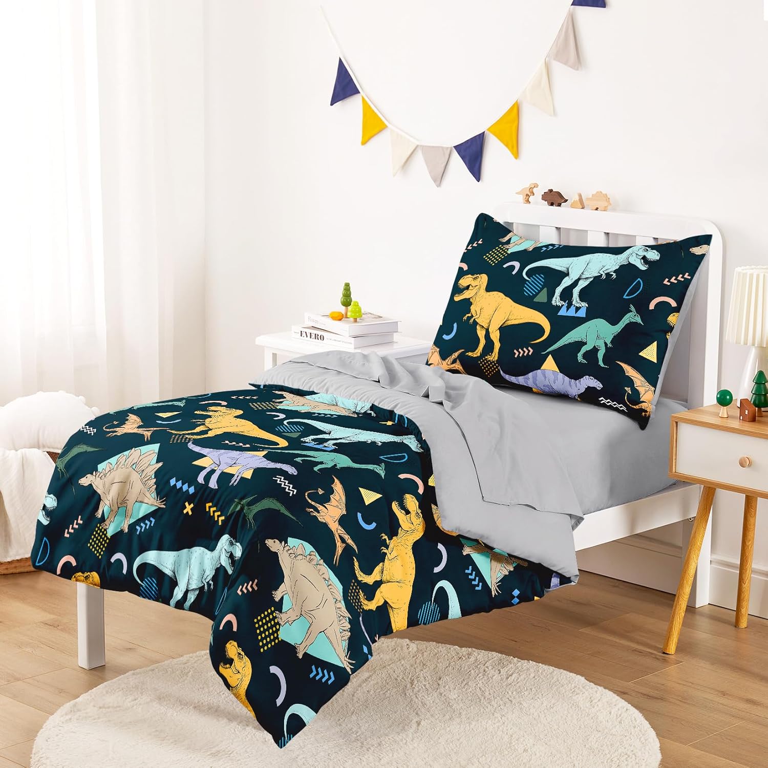 Wake In Cloud - Dinosaur Toddler Bedding Set for Boys, Jurassic Dino World Sketch, 4 Pieces Soft Crib Bed Set Including Comforter, Sheets and Pillowcase, Dark Green