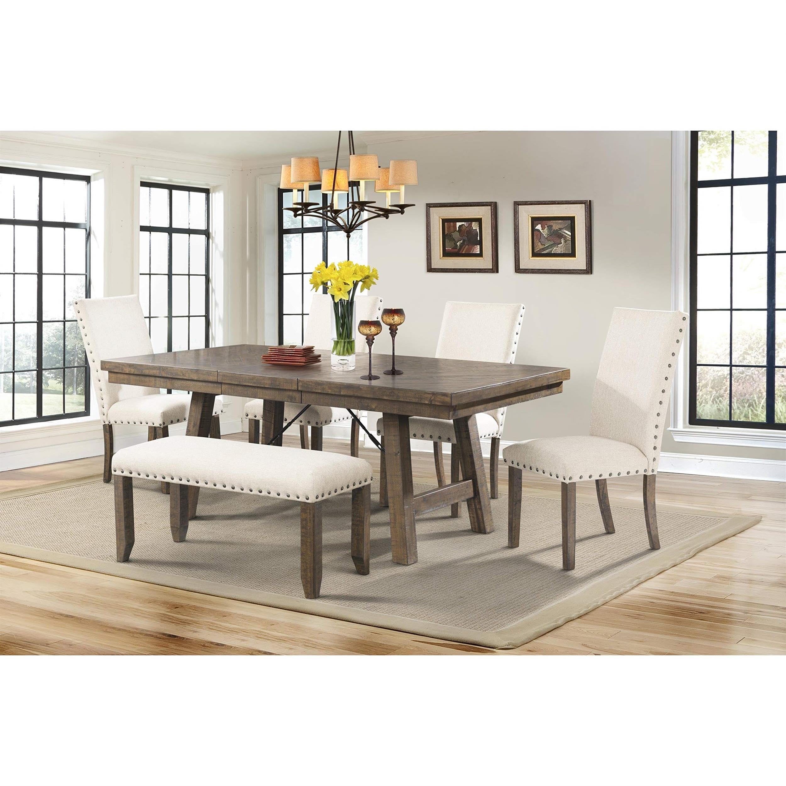 BOWERY HILL Kitchen Bench, 40 in Wide, Rubber Wood and Acacia Veneer, Smokey Walnut Finish, Cream Upholstery, Nail Head Trim, Distressed Rustic Style, Comfortable Seating for Dining Room