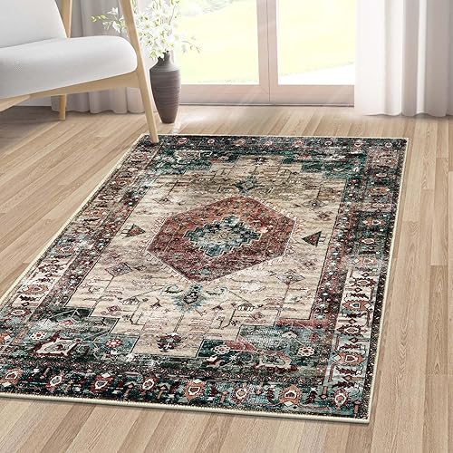 LEEVAN Alfombras lavables antideslizantes de 4 x 6 pies, diseño de medallón oriental, para sala de estar, color marfilazul óxido, alfombra floral disponible en Yaxa Venezuela