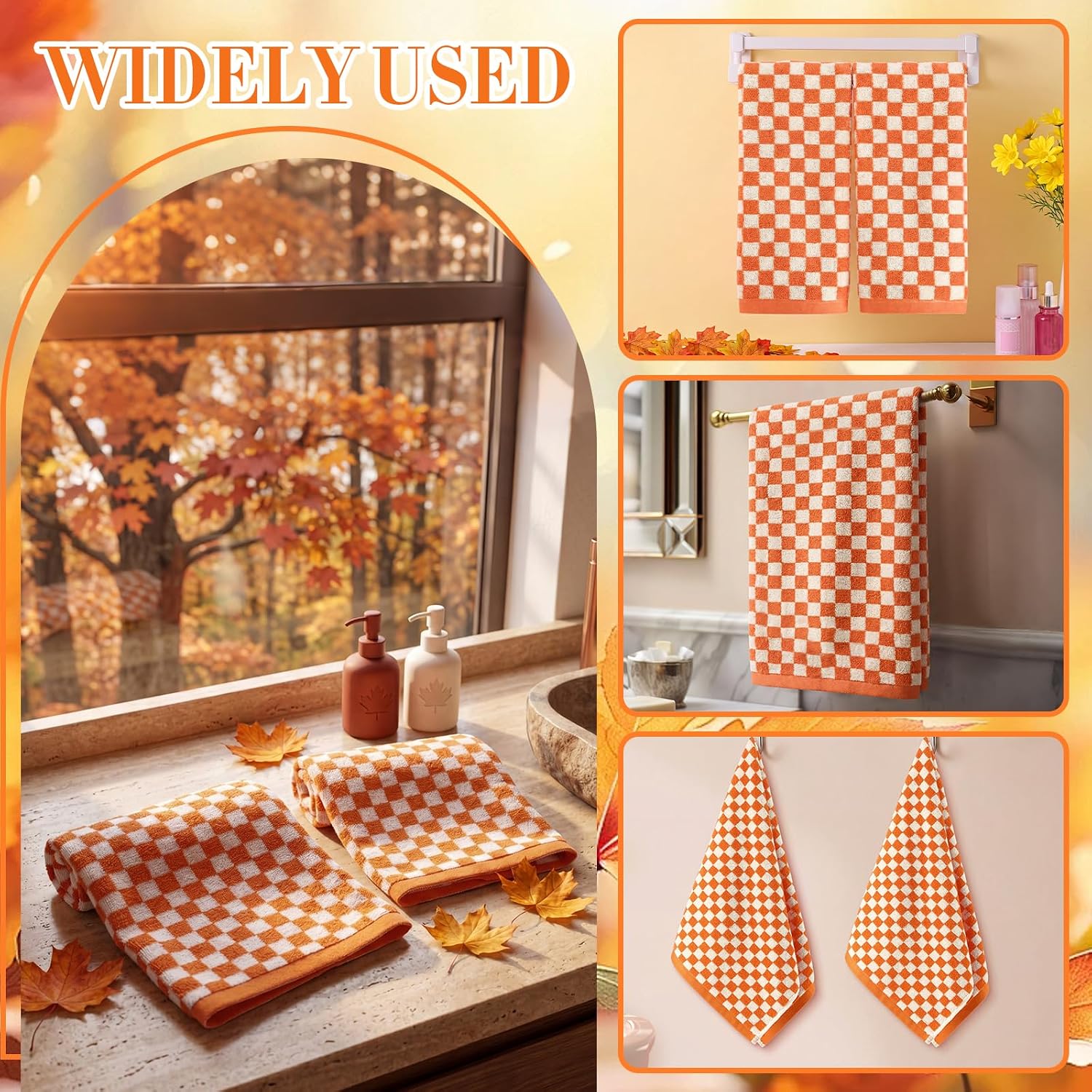 Mindsoft 2 Pcs Orange Checkered Hand Towels 13 x 29 Inch Cute Cotton Gingham Soft Hand Towels Absorbent Towel for Bathroom Kitchen Guest Room Farmhouse Decor