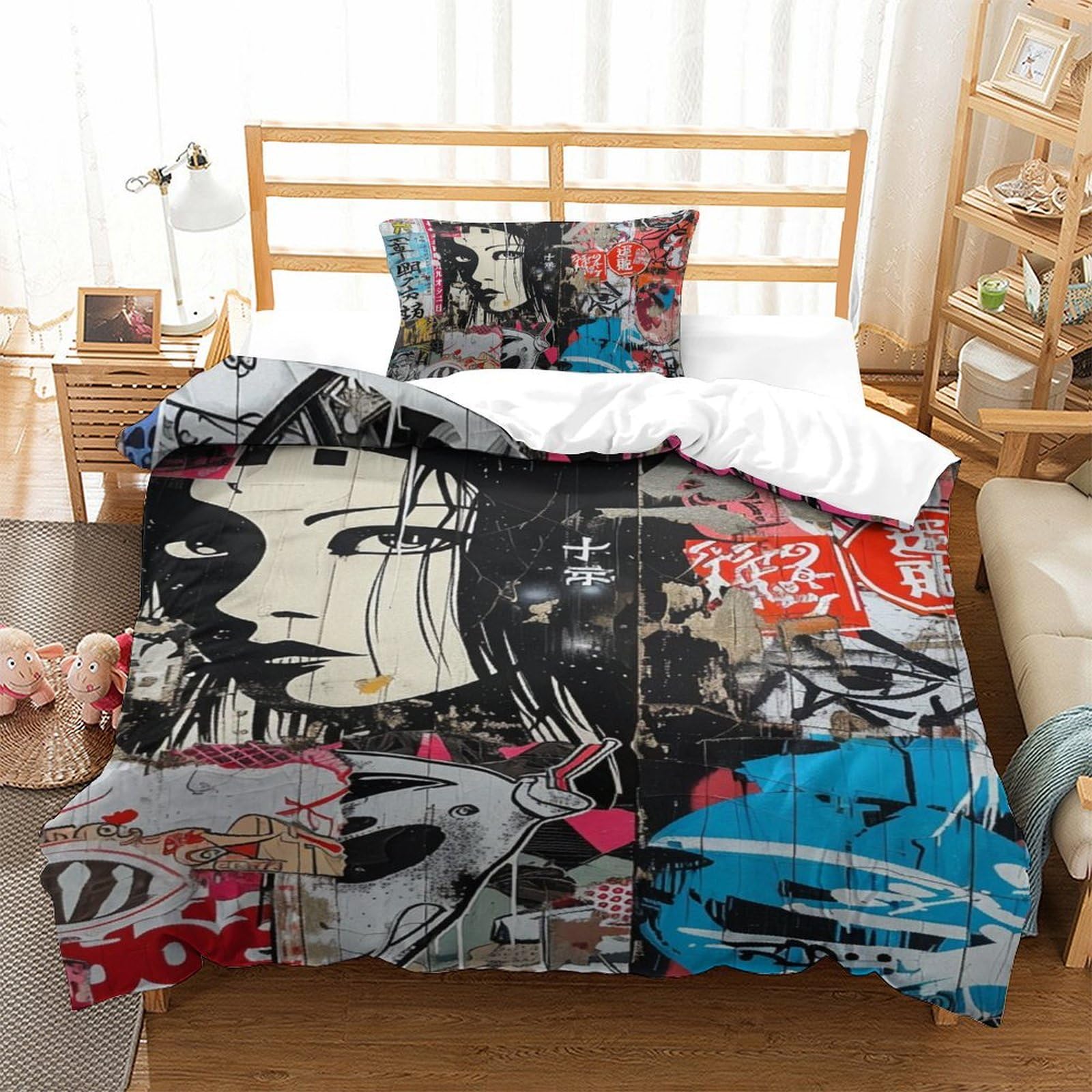 GXYUAOIEF Japanese Graffiti Duvet Cover Set Bedding Set 3D Microfiber Comforter Cover with Pillow Shams, 2 Piece Set, Zipper Quilt Cover Single（135x200cm）