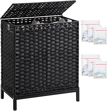 SETVSON Laundry Hamper with Lid, 112 L Handwoven Rattan Wicker Laundry Basket, 2 Removable Liner Bags Metal Heightened Feet, 6 Mesh Bags, 2 Section Large Clothes Hamper for Bathroom Bedroom, Black