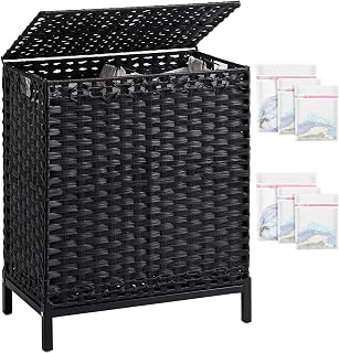 SETVSON Laundry Hamper with Lid, 112 L Handwoven Rattan Wicker Laundry Basket, 2 Removable Liner Bags Metal Heightened Feet, 6 Mesh Bags, 2 Section Large Clothes Hamper for Bathroom Bedroom, Black