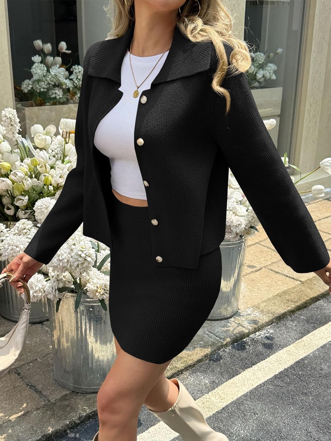 Saodimallsu Womens 2 Piece Sweater Skirt Sets Long Sleeve Collared Button Cardigan Knit Mini Skirt Two Piece Fall Outfits - Image 3