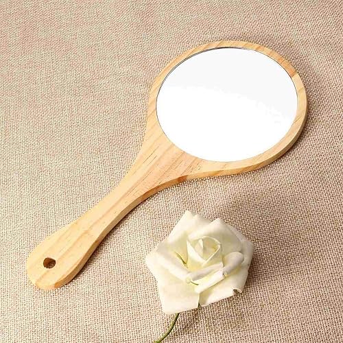 Miniatura 2 de Zerone Espejo de mano, espejo de mano de madera con mango para maquillaje y cuidado de la piel, espejo de tocador de viaje portátil con agujero para