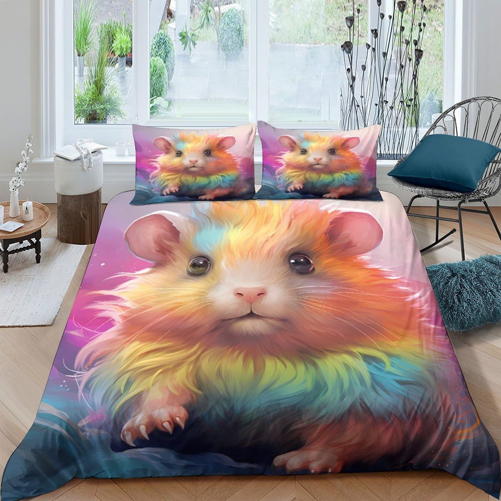 Ctjqhvkz Style-2 3D Printed Rainbow Hamster Fitted Sheet Microfiber Soft Anti-Slip Cute Animal Bed Cover For Bedroom Dorm Decor Single（135X200cm）