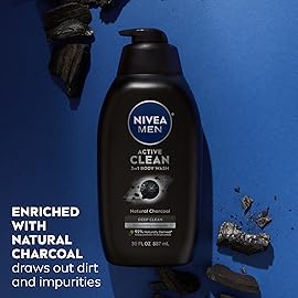 NIVEA Men Active Clean Body Wash with Natural Charcoal for Normal to Oily Skin, 3-in-1 Charcoal Body Wash, Face and Hair, Draws Out Dirt and Impurities, 30 Fl Oz Bottle