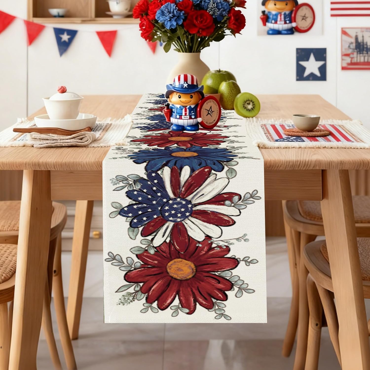 Baccessor Patriotic Table Runner Burlap 13 x 72 Inches, Stars Floral Daisy Dining Dinner Kitchen Table Anniversary Wedding Indoor Holiday Farmhouse Party Supply Decor image 3