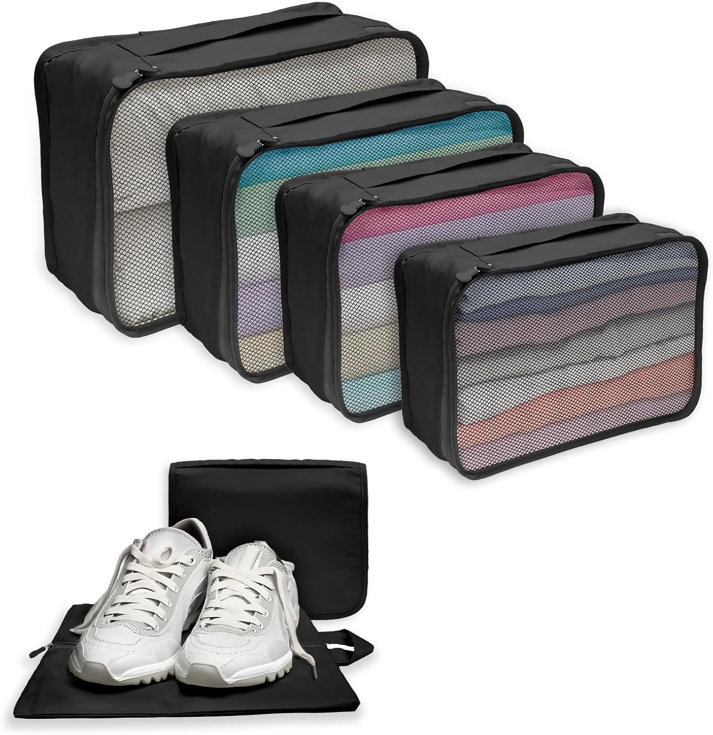 GoodtoU 6 Set Packing Cubes for Travel – 4 Various Sizes Luggage Organizers for Carry on Suitcases with Shoe Bag & Toiletry Bag, Travel Essentials, Black