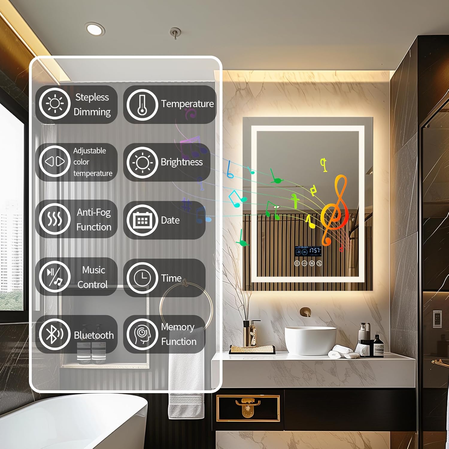 LUVODI Smart LED Bathroom Mirror showing various functions like stepless dimming, temperature, adjustable color temperature, anti-fog, music control, Bluetooth, and memory function