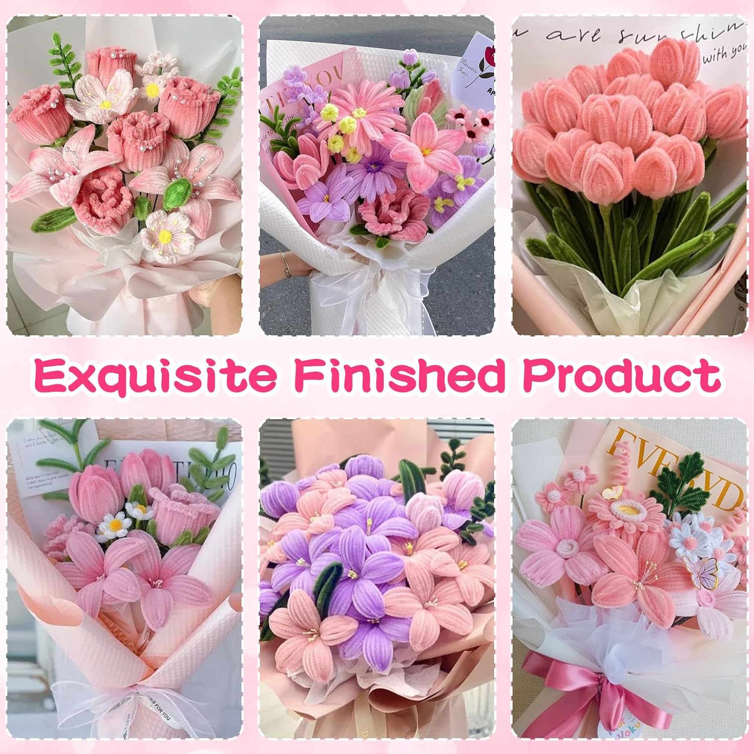 Natonhi Pipe Cleaner Flower Kit, 5 Colors 500 Pcs Chenille Stems Pipe Cleaners for DIY Flower Making with Glue Guns & Tape Measure Set for Handmade Bouquets, Crafts,Gifts & Party Decorations