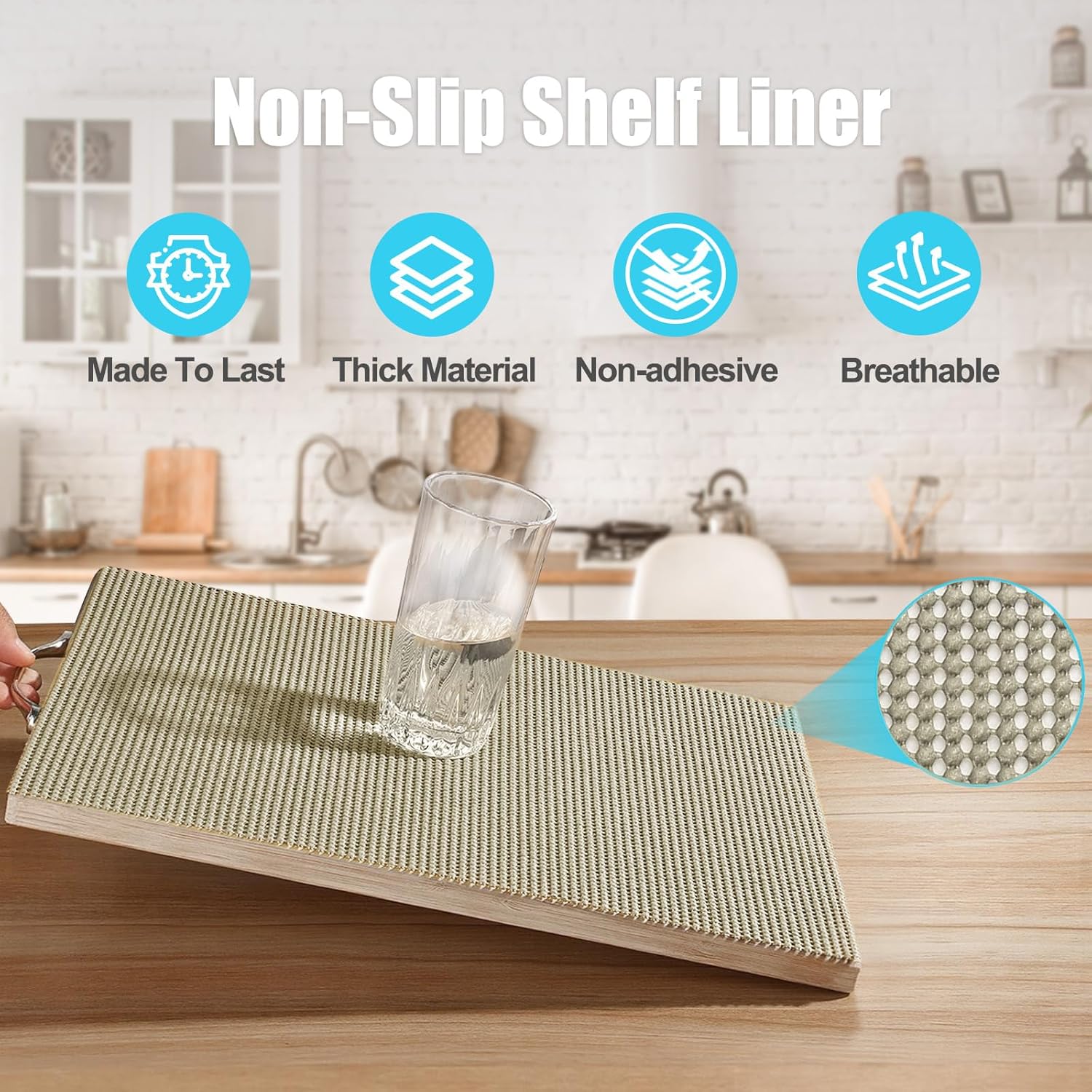 Songrey Non-Adhesive Drawer and Shelf Liner, Non Slip Cabinet Liners, Protect Kitchen Cupboard, Bathroom Drawers, Breathable, Thick Strong Grip mat (12IN x 20FT, Beige)