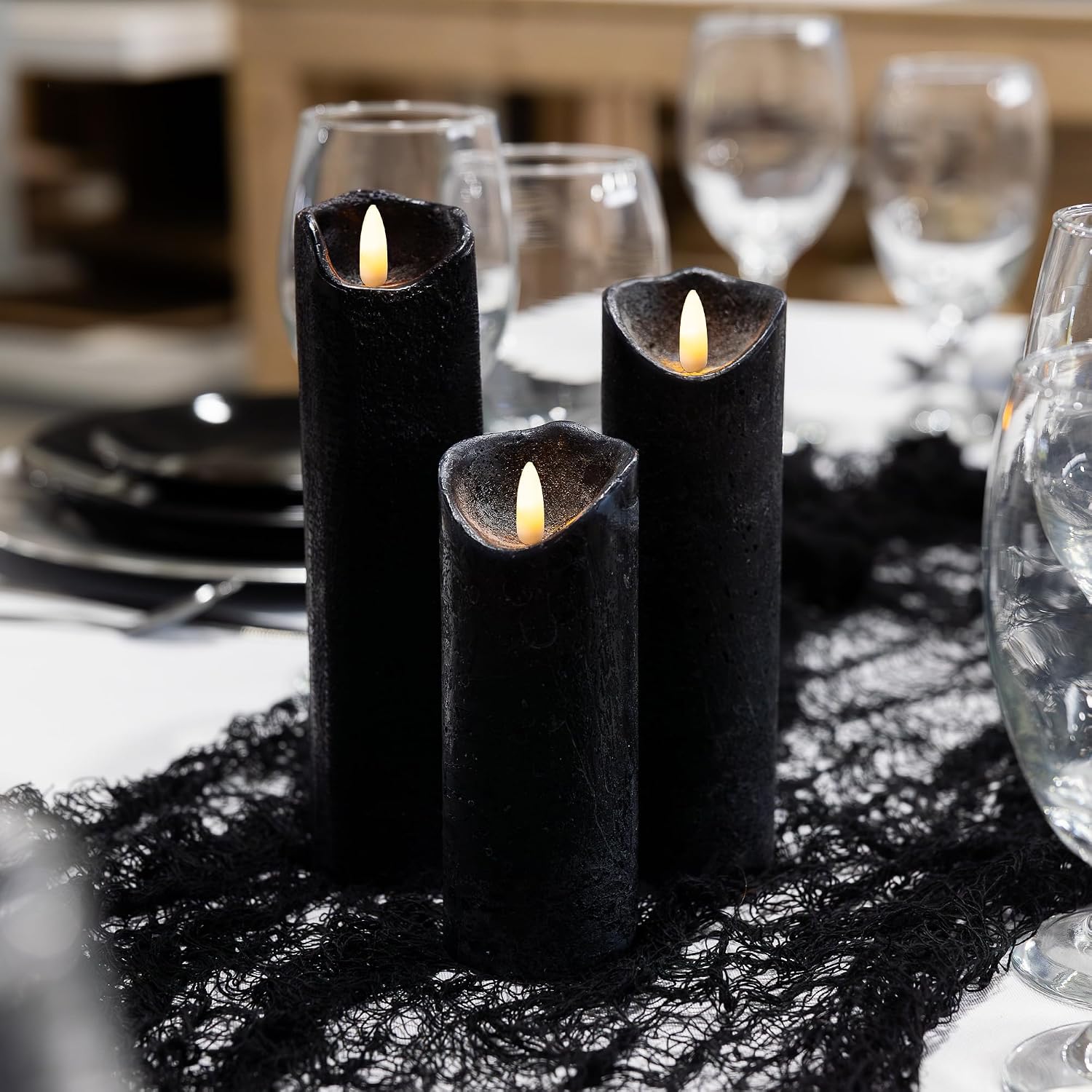 LumaBase Battery Operated LED Wax Candles with 3D Wick Flame, Black - Set of 3