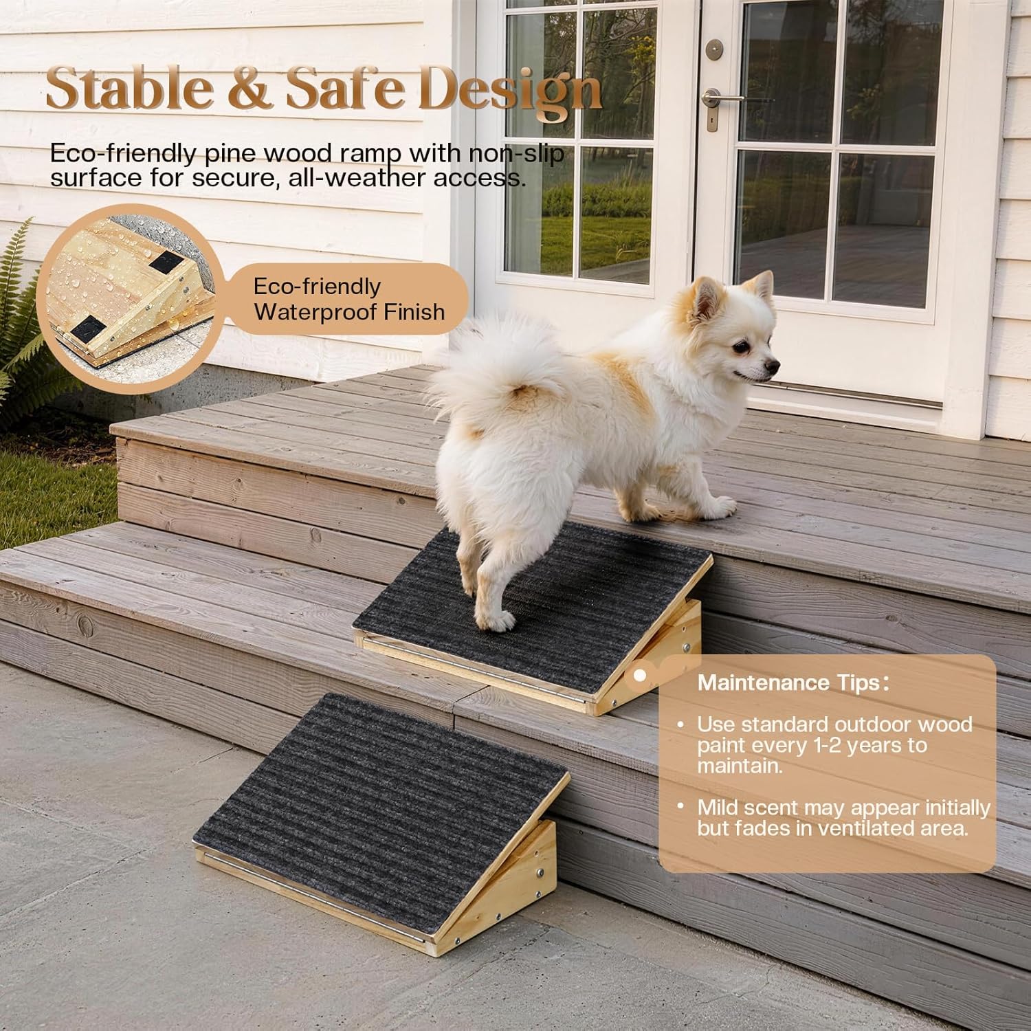 Adjustable Dog Ramp for Stairs with 3 Heights, Anti-Slip Small Dog Ramp for Indoor & Outdoor, Solid Wood Pet Steps for Small/Senior/Injured Dogs, Gentle Slop Ramp for Stairs with Carpet Surface