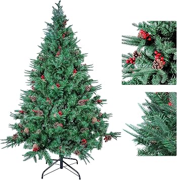 Himaly 7ft Artificial Christmas Tree, Premium Hinged Fir Christmas Tree with Metal Stand, 1000 Branch Tips, PVC+PE+Pine Cone+Red Fruit, Christmas Decor for Indoor and Outdoor | Christmas Tree with Pine Cones and Berries, Metal Stand, 767 Tips, Perfect Xmas Decoration for Indoor and Outdoor