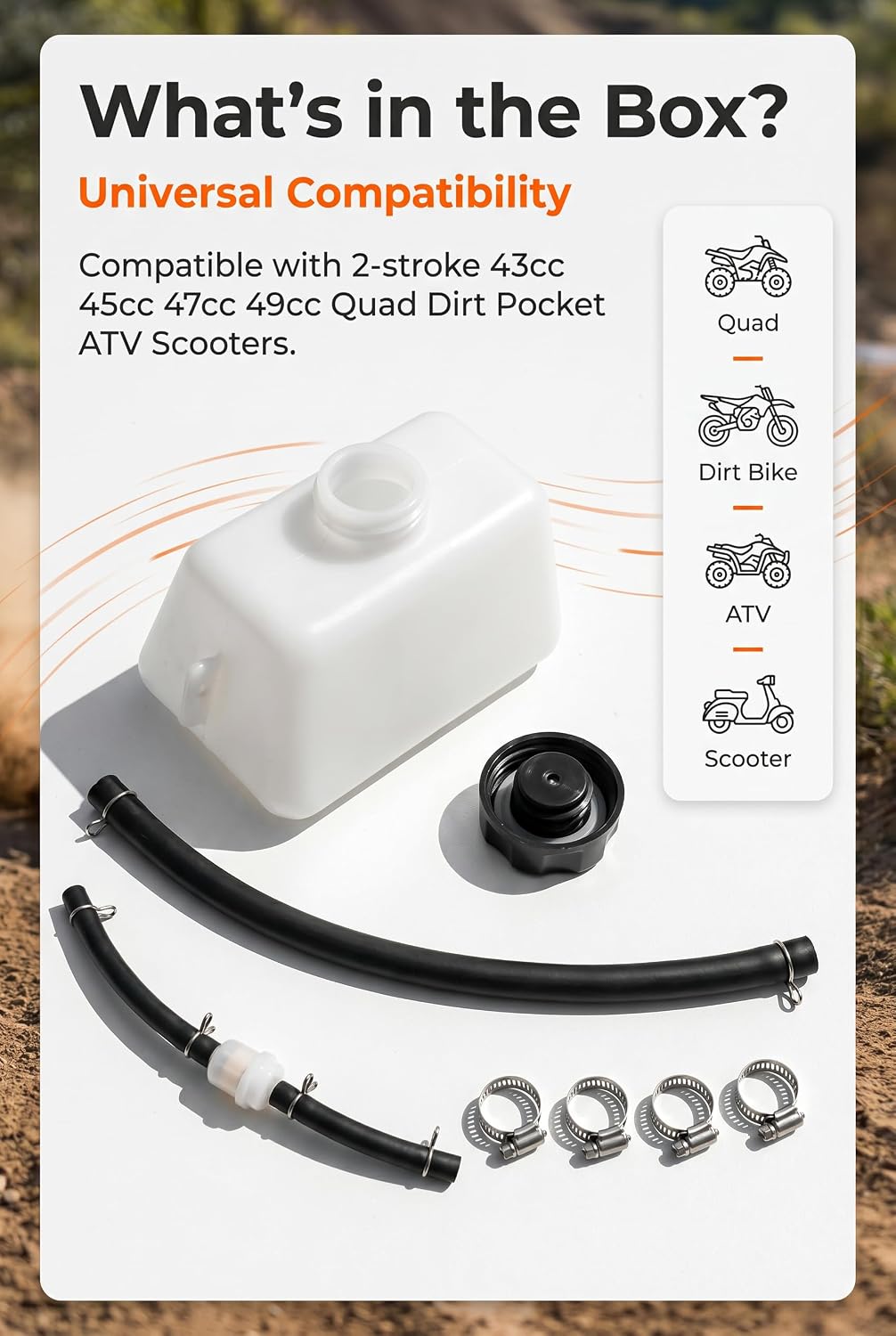 Mini Bike Gas Tank, Sealed Motorcycle Gas Tank with 9.8 Inch Fuel Hoses, Filter and Hose Clamps, Fit for 2 Stroke 43-49cc Quad ATV, Mini Moto, Dirt Pit Bike, Pocket Scooter (White)