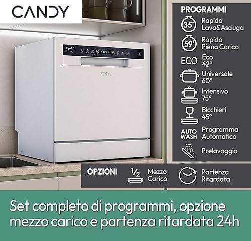 Miniatura 6 de Candy Rapido' CP 8F9FFW - Lavavajillas compactas, 8 lugares, 8 programas, lavado y secado en 74.8 in, primera selección, alto x ancho x profundidad