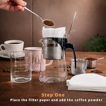 Pour Over Coffee Maker Set, 304 Stainless Steel Coffee Dripper with On/Off Switch, Borosilicate Glass Small Coffee Pot, 50 Filter Papers, Multi-Functional Immersion Drip Cafe Brewer Machine (1, 250ml)