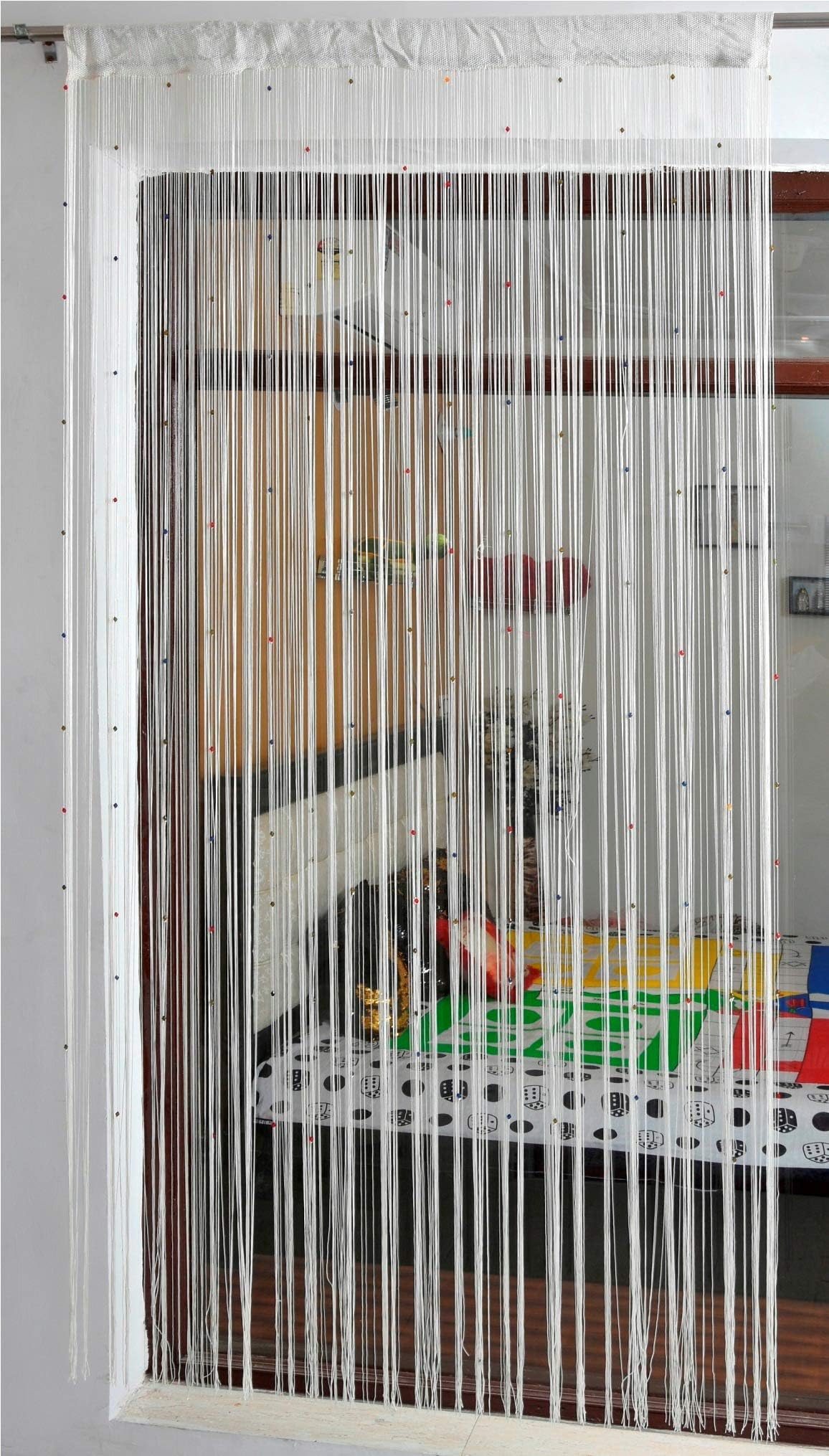 KACHVI Ace International Exports Polyester Fancy String Curtains Yarn Thread Door Curtains for Home with Beads 7 Feet Pack of 2, (White)