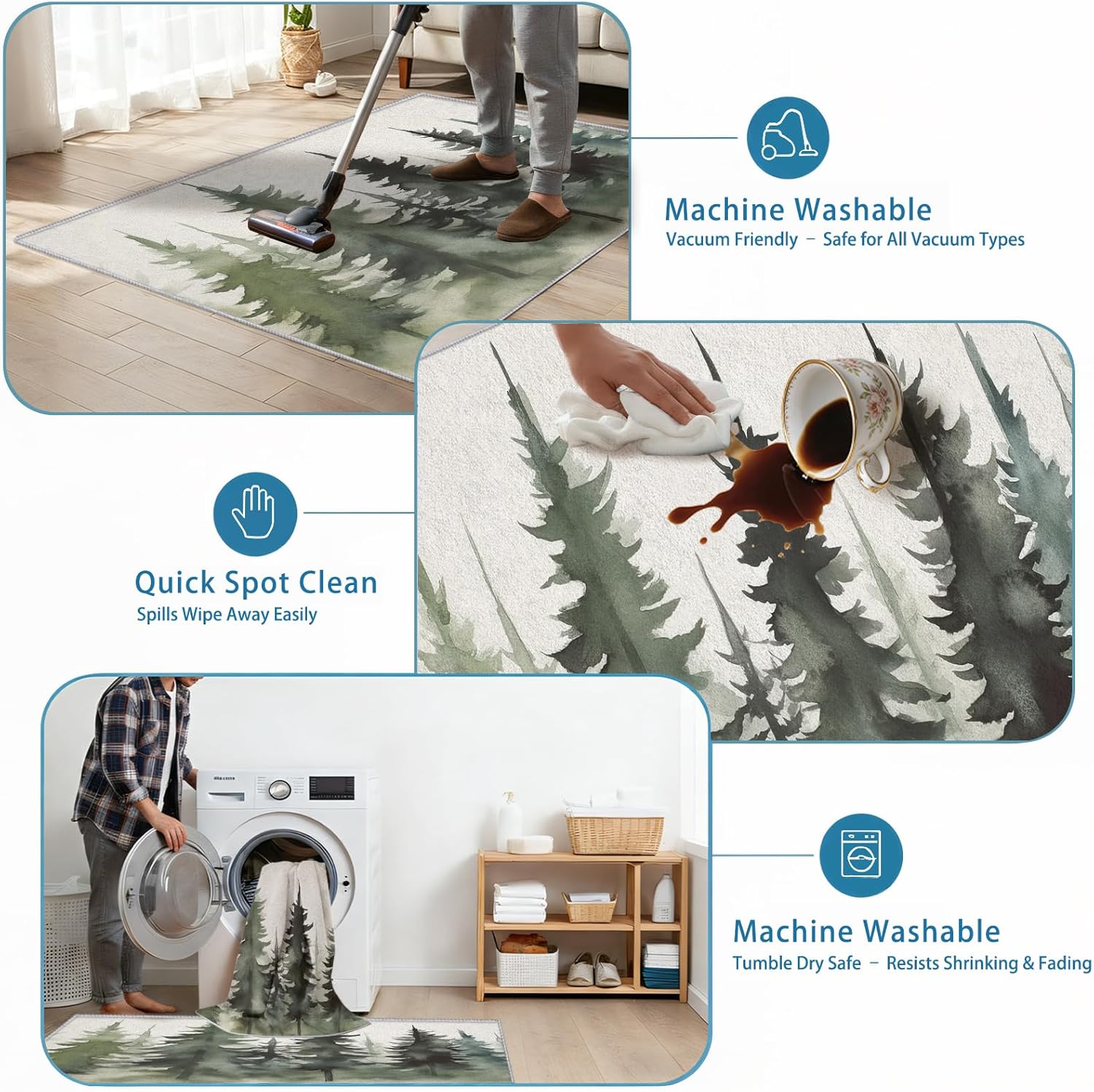 3x5 Washable Pine Tree Area Rug, Forest Woodland Scenic Rug for Living Room & Bedroom, Soft Low Pile Non Slip Indoor Carpet, Nature Green Home Decor