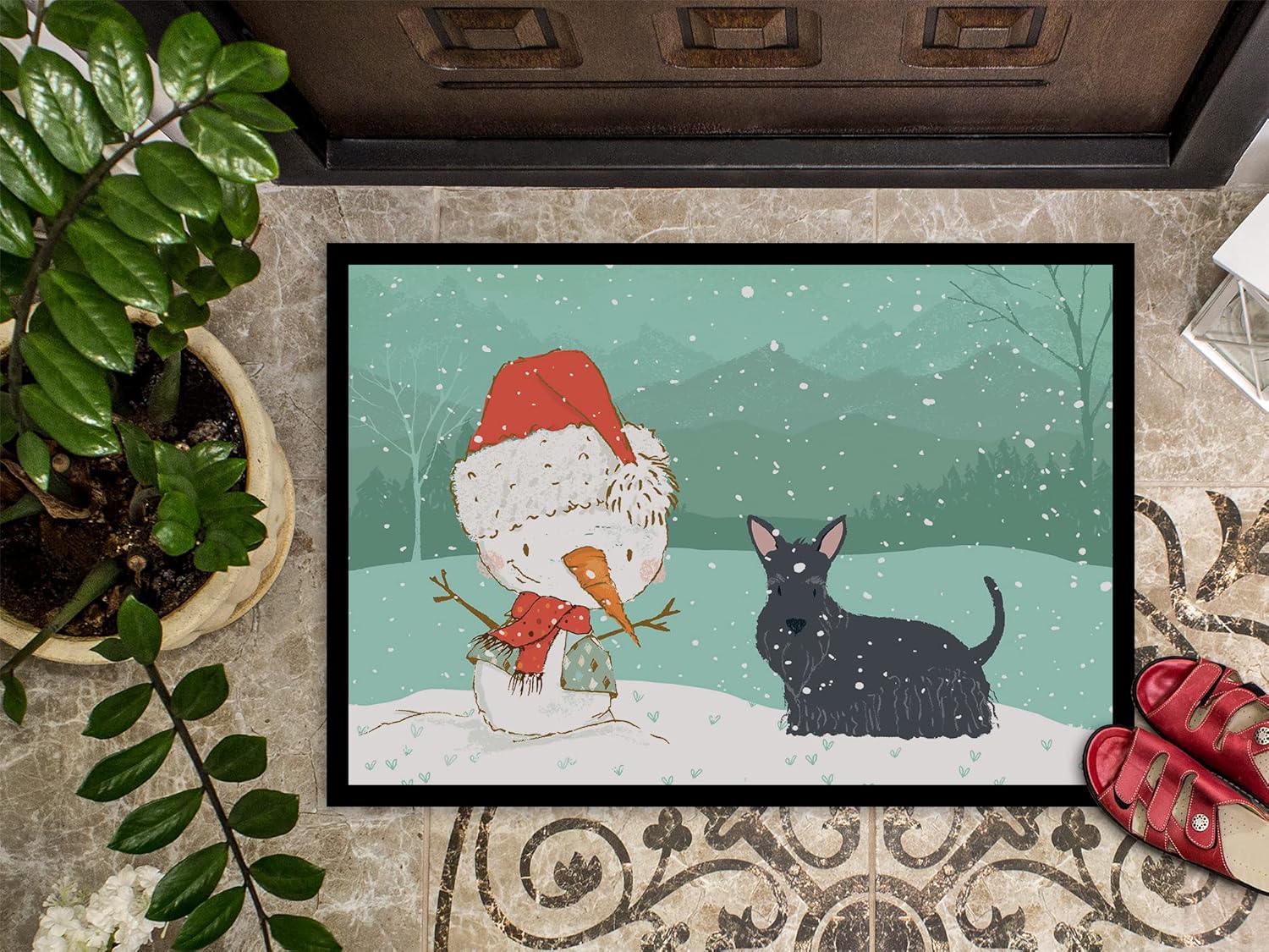 Caroline's Treasures CK2068JMAT Scottish Terrier Snowman Christmas Doormat 24x36 Front Door Mat Indoor Outdoor Rugs for Entryway, Non Slip Washable Low Pile, 24H X 36W