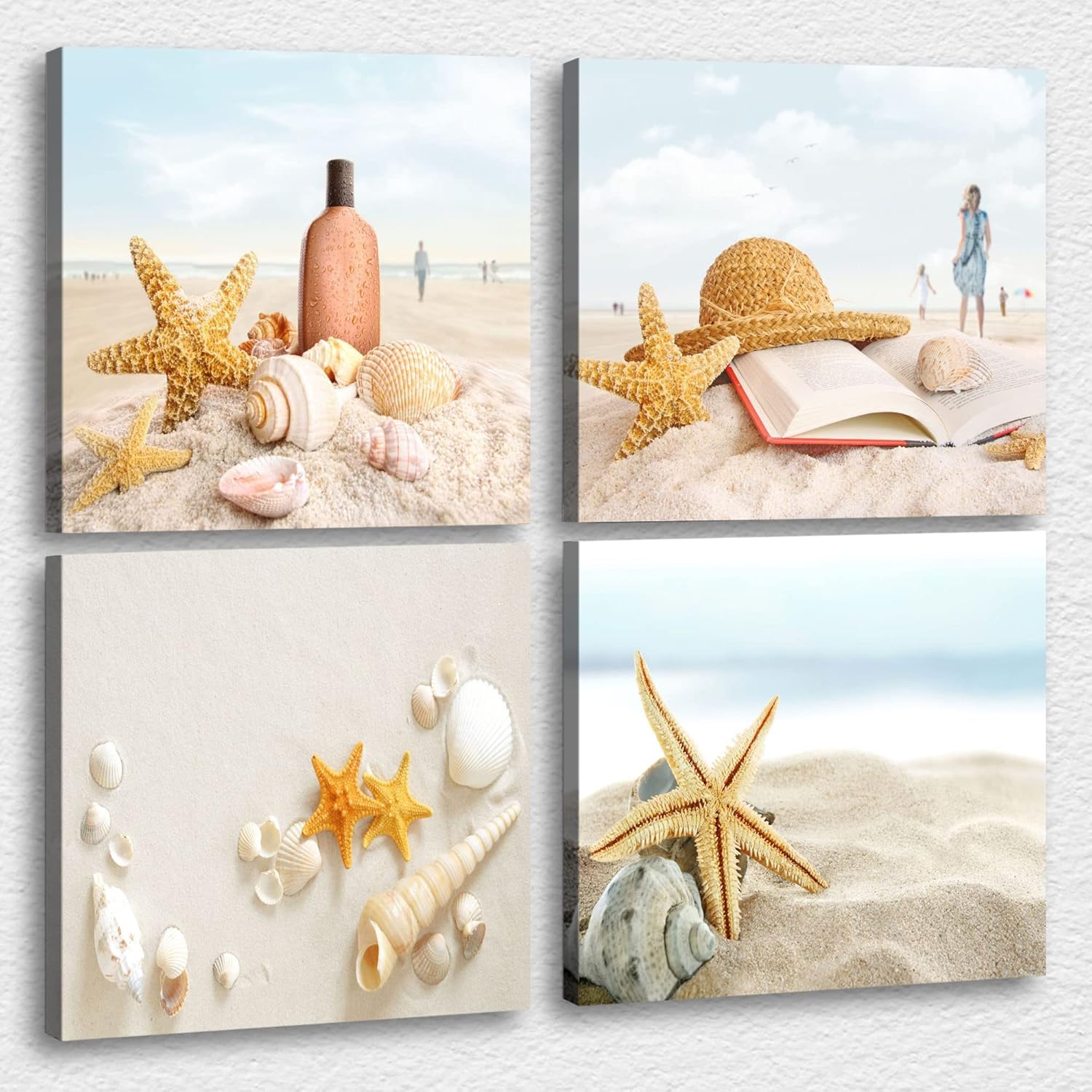 Beach Wall Art Bathroom Canvas Wall Art, 4 Pieces Seashell and Starfish Pictures