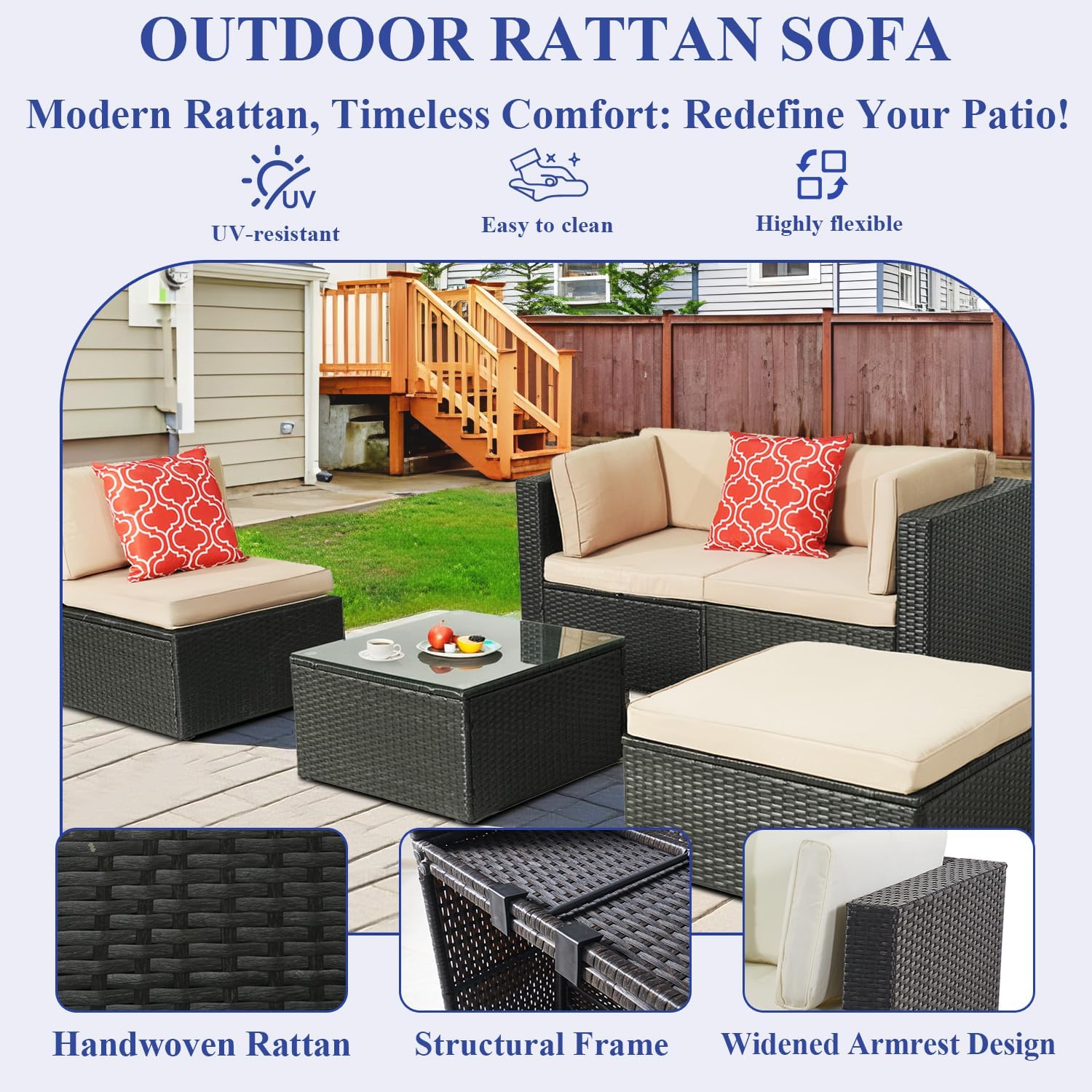 5 Pieces Outdoor Patio Furniture Set, Outdoor Wicker Sectional Sofa and Coffee Table, Plush Cushions with 2 Pillows, Outdoor Couch for Porch, Garden, Or Backyard (Beige-Red)