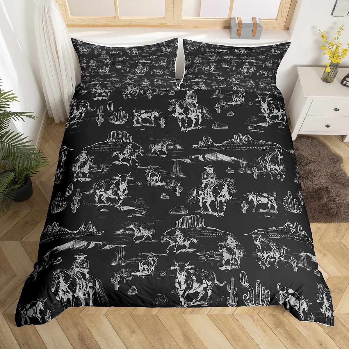 Feelyou Kids Wild West Cowboy Bedding Set Twin Size Western Decor Duvet Cover for Boys Girls Teens Bedroom Decor Rodeo Cowboy Style Comforter Cover Set Black Bedspread Cover with 1 Pillow Case