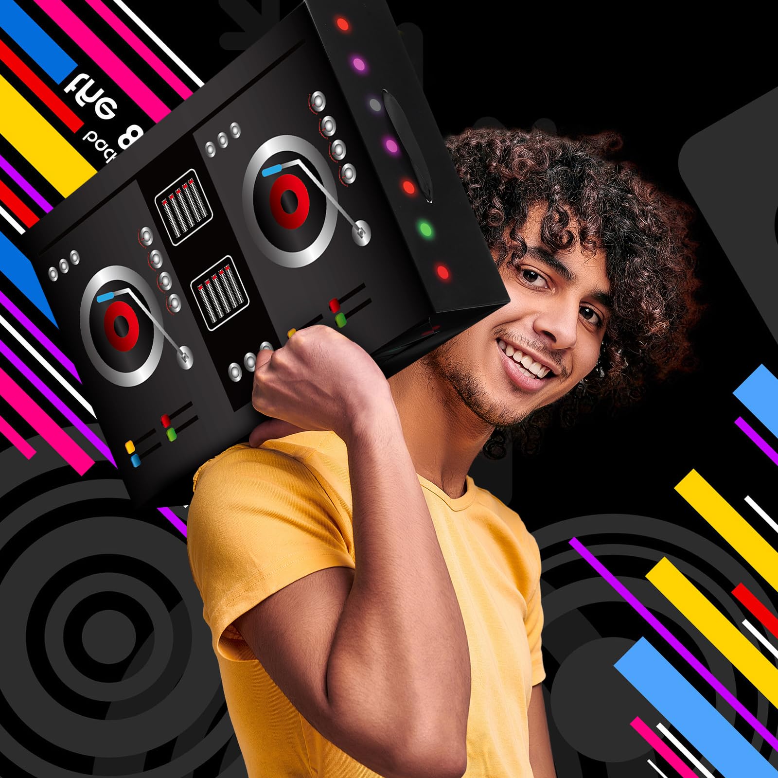 MotiMind 2 Pcs Dj Costume 80s 90s Hip Hop Costume Paper Dj Mixer Boxes with Strap Props Music Rapper Party Decorations Cosplay Party Novelty Retro Theme Music Neon Birthday Gifts