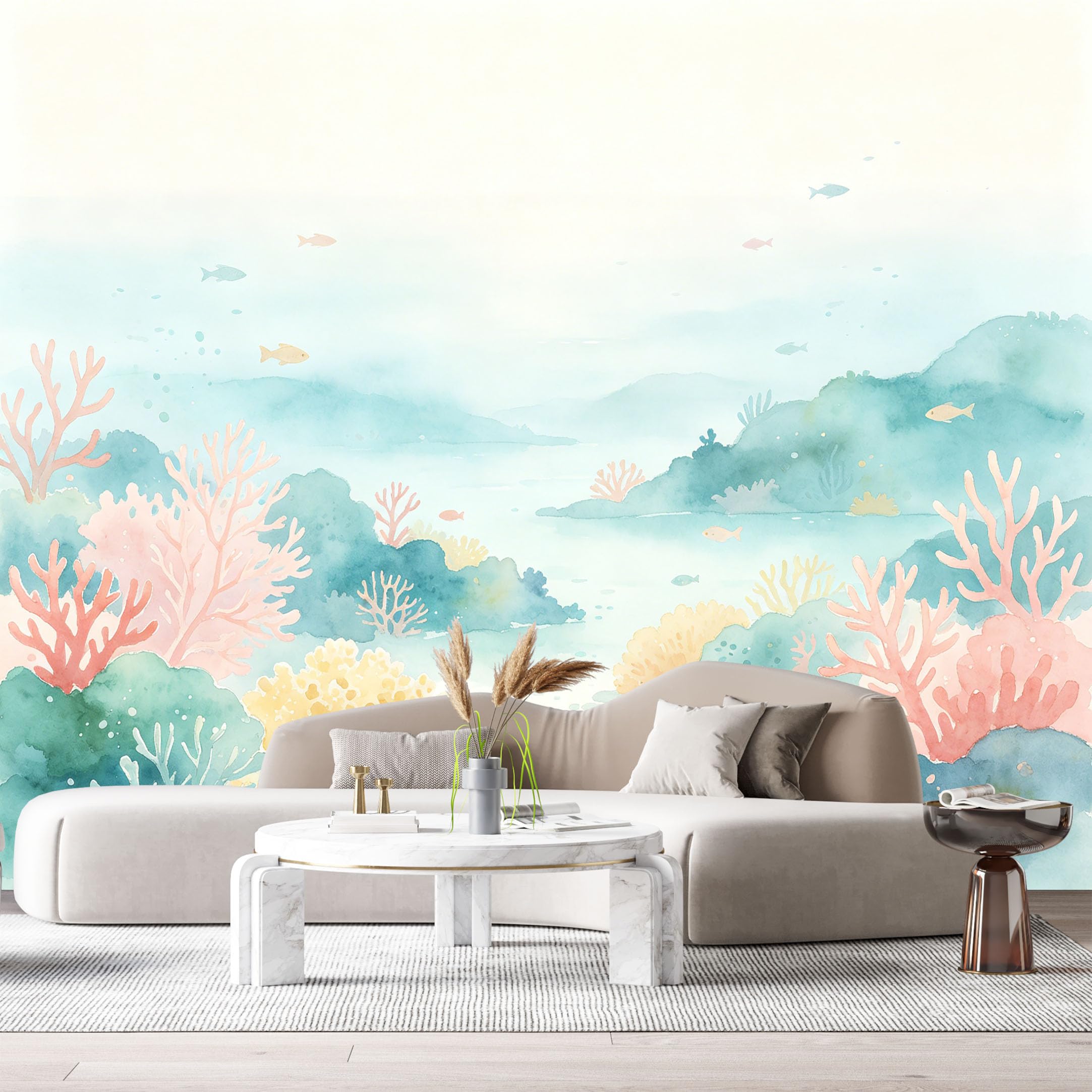Custom Size Wall Murals Ocean Marine Watercolor Coral Reef Fish SelfAdhesiveWall Fabric Removable Wallpaper Wall Decor for Living Room Bedroom Bathroom