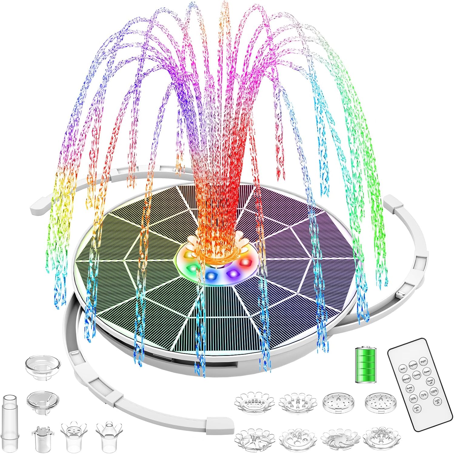 AISITIN 6.5W Solar Fountain Pump with Colorful LED Lights, 3000mAh Battery, Anti-Drift Brackets, 10 Nozzles, Remote Control, Solar Powered Bird Bath Fountain for Outdoor Garden Pond Fish Pond Backyard