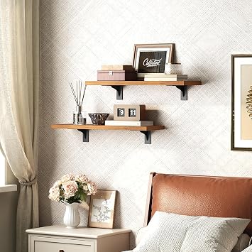 HOOBRO Floating Shelves for Wall, 15.7 Wall Mounted Shelves Set of 2, Hanging Storage Shelf with Metal Brackets, Wooden Shelf for Living Room, Bedroom, Bathroom, Rustic Brown and Black BF42BJP201G1