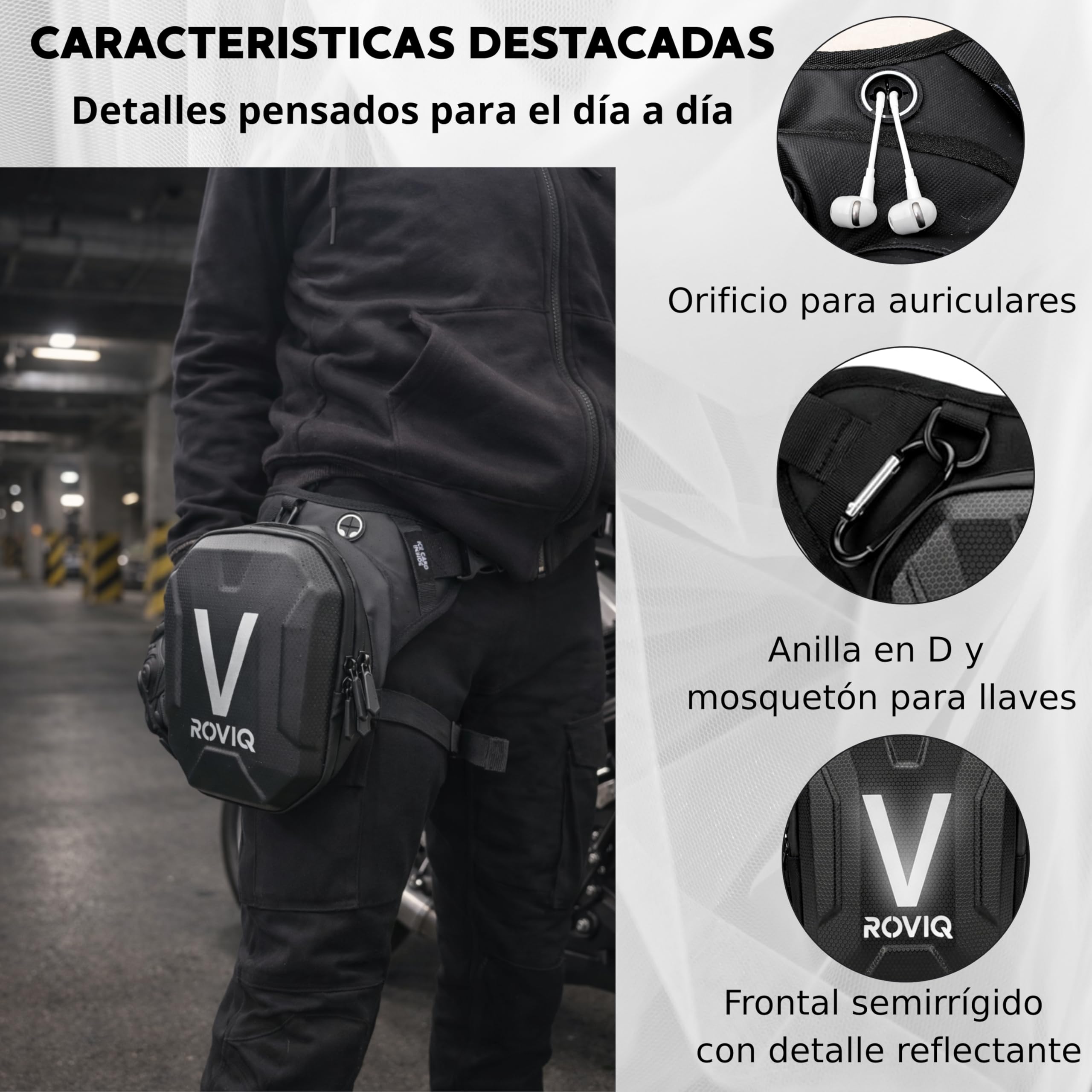 ROVIQ Pernera Moto Unisex, Bolsa Pierna Moto expandible 10-16 cm con 2 Compartimentos, Frontal EVA/PU semirrígido, Bolsillo Ice Card, 2 Ice Cards y mosquetón - Accesorios Moto — view 2