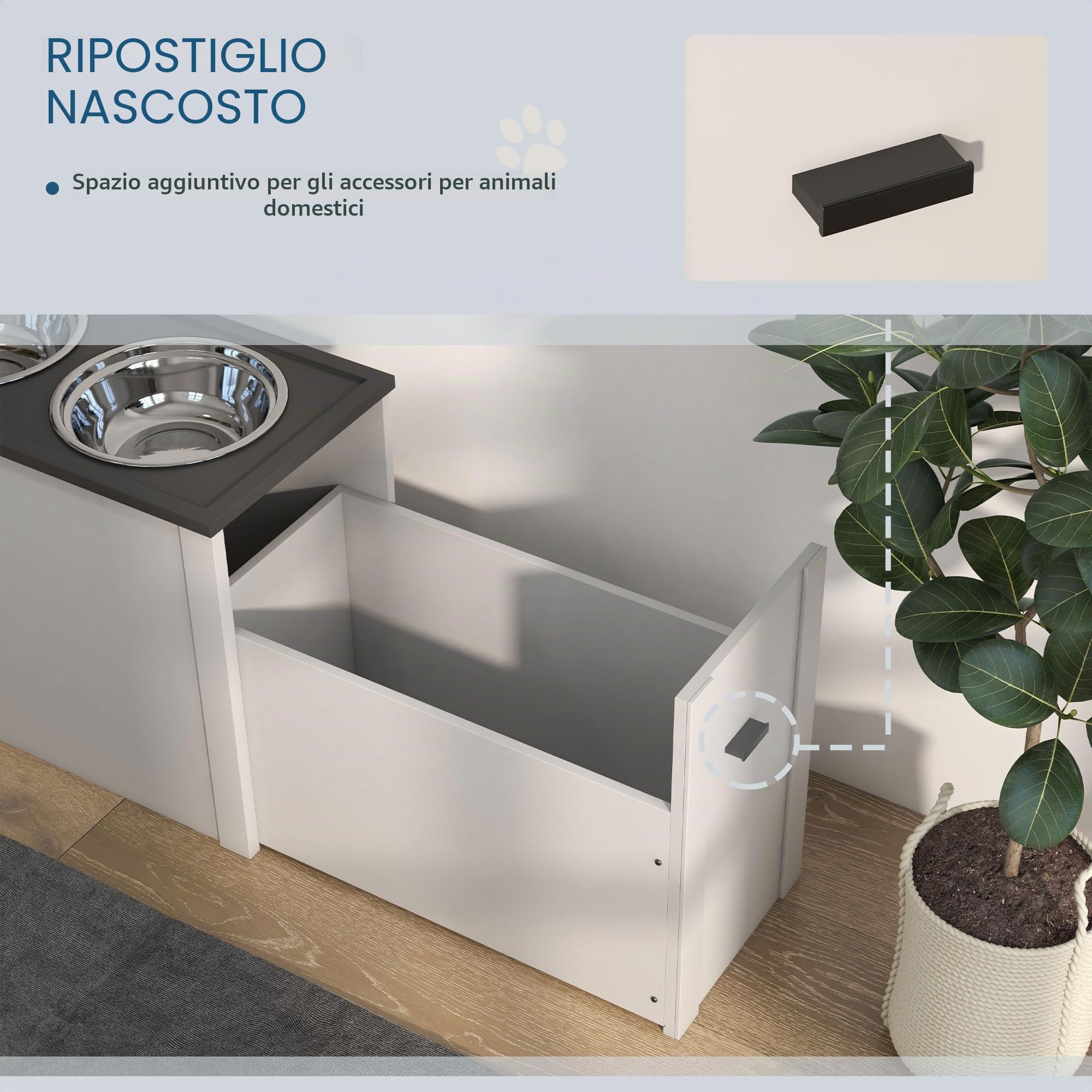 Ciotola per cani PawHut, stazione di alimentazione per cani con spazio di archiviazione, ciotola per l'acqua, supporto per ciotola con ciotole in acciaio inox da 2 litri, supporto per ciotola per