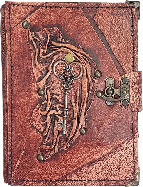 DERI Handmade Leather Journal Notebook Sketchbook Unlined Travel Diary Gift (Royal Key, 19 x 14 cm, 288 pages), Brown