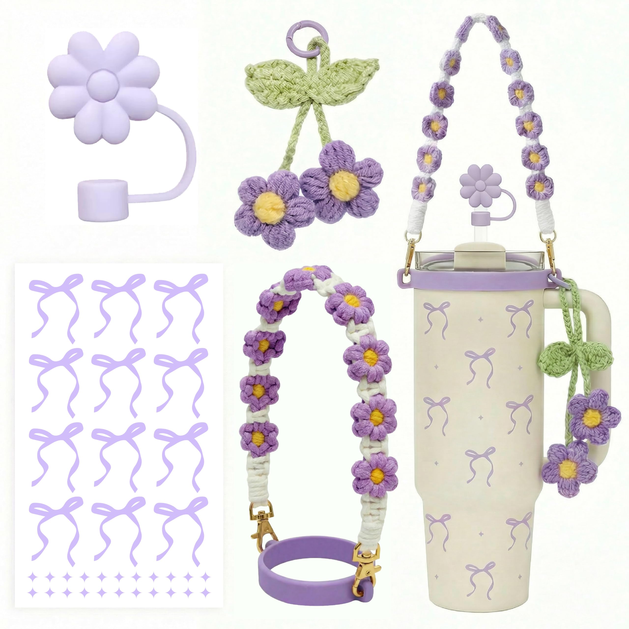 Stanley Water Bottle Accessories Set for 40/30/20oz Tumbler, Including Flower Pruple Stanley Cup Handle Strap, Silicone Straw Topper Cover, Charm, Bow Sticker, Gifts for Girls Mom