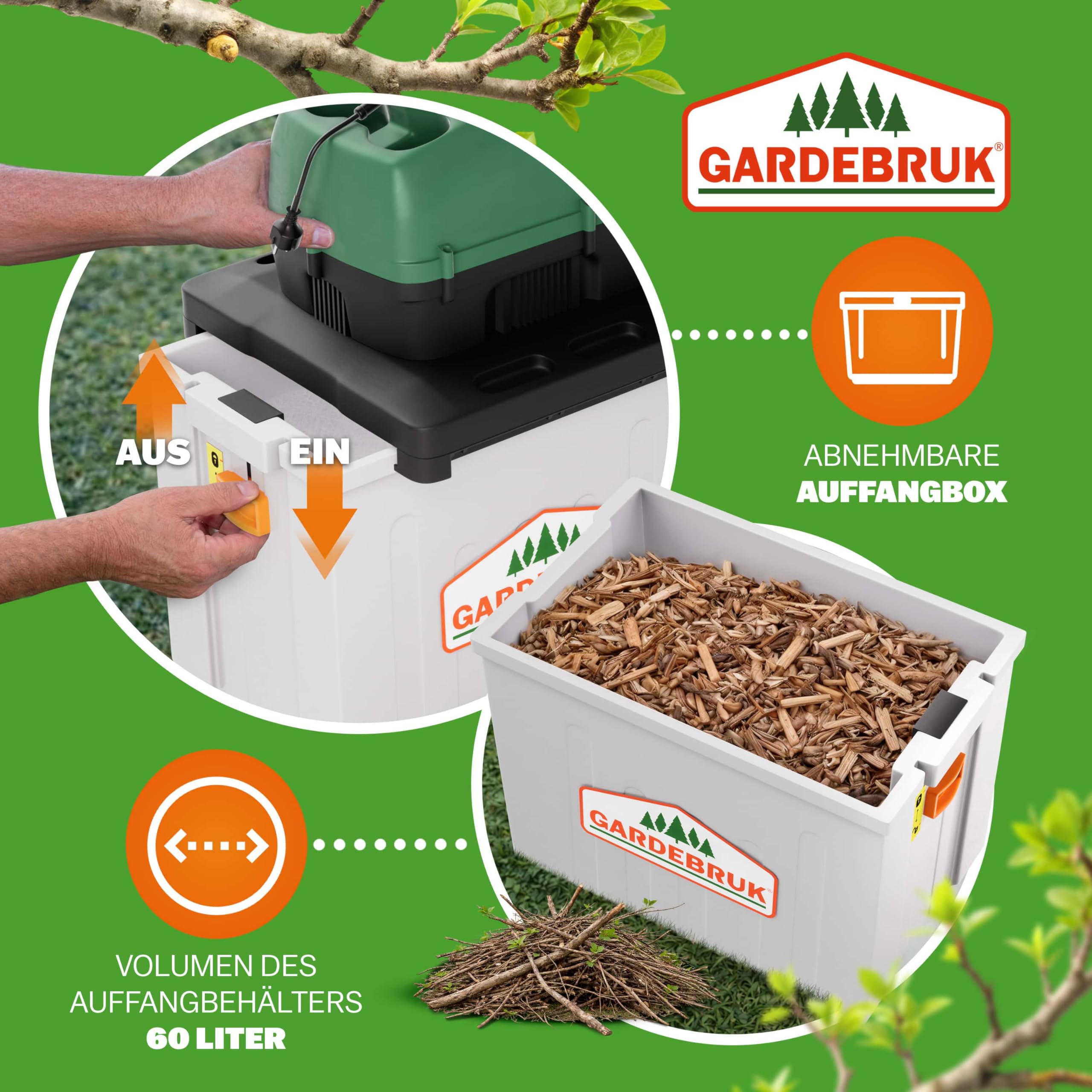 GARDEBRUK Leisehäcksler 3100 W 45 mm Aststärke Elektrisch 60 L Auffangbox Walzenhäcksler