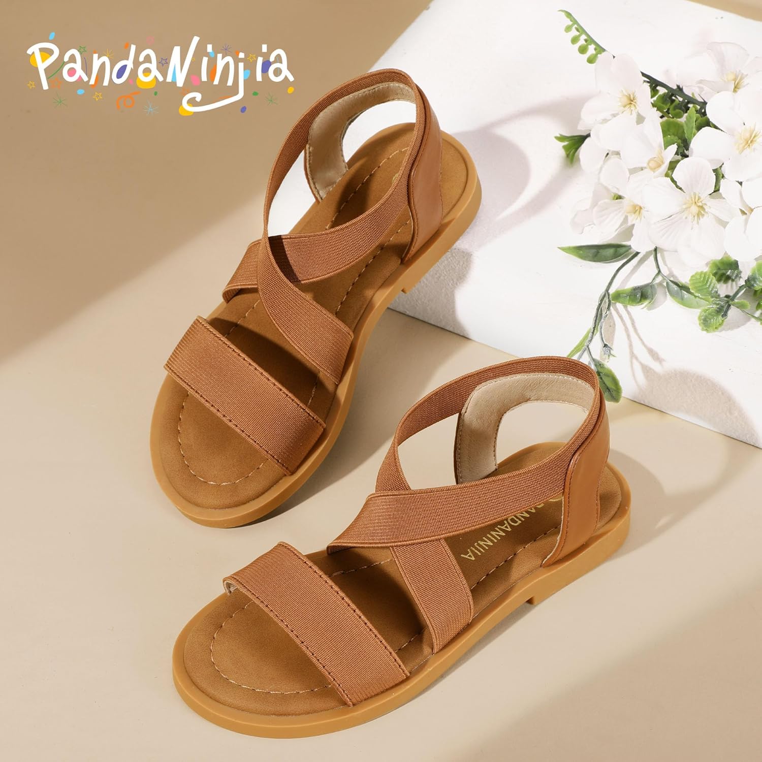 PANDANINJIA Girls Sandals Slip-on Elastic Ankle Cross Strappy Gladiator Dress Sandals Flats Summer Shoes Little Big Kids Sandals - Image 6