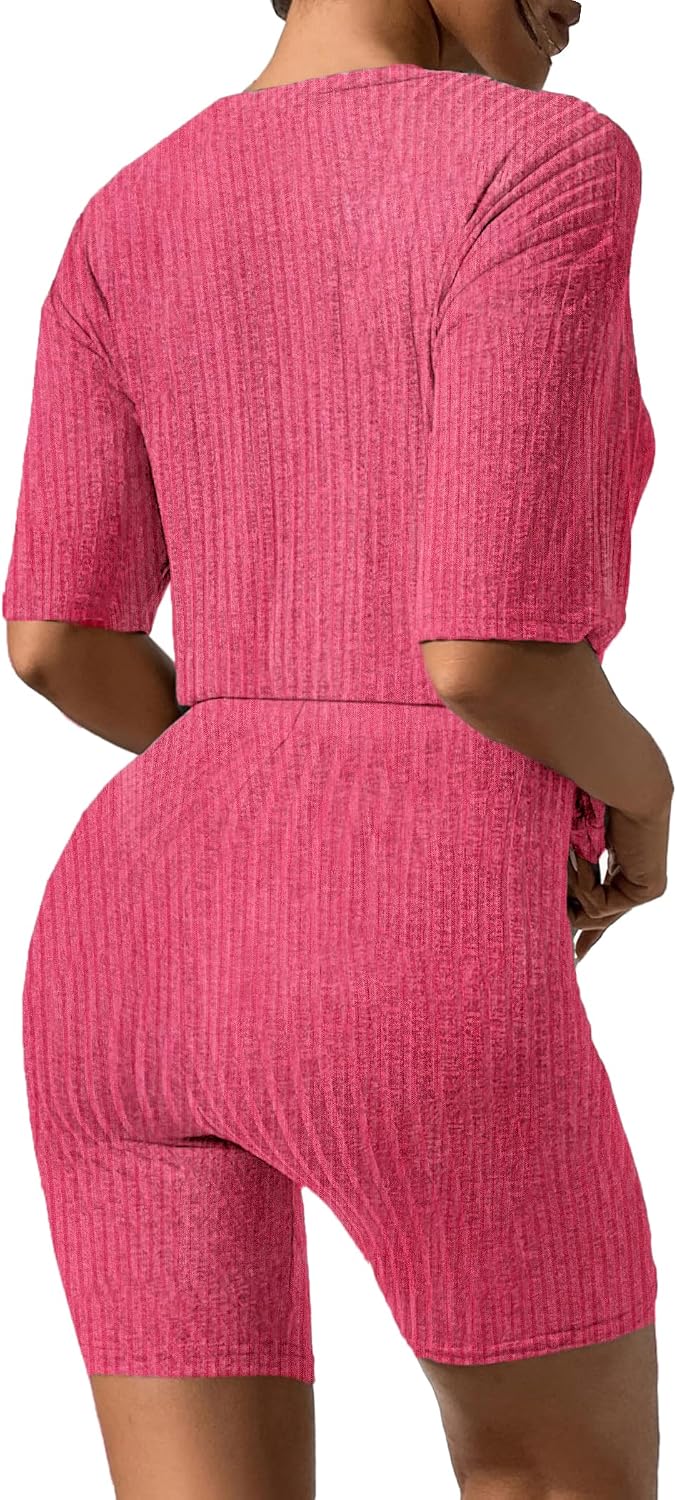 Ekouaer Women 2 Piece Lounge Sets Ribbed Knit Oversized Shirt Biker Shorts image 4