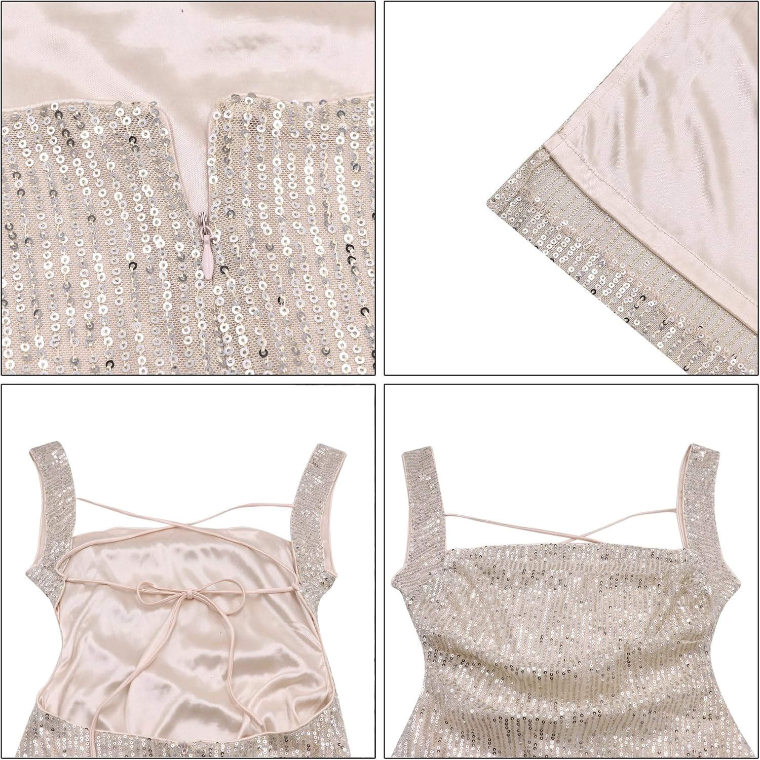 Women Sequin Dress Elegant Square Neck Ruched Midi Dress Sexy Tie Backless Maxi Dress - Image 5