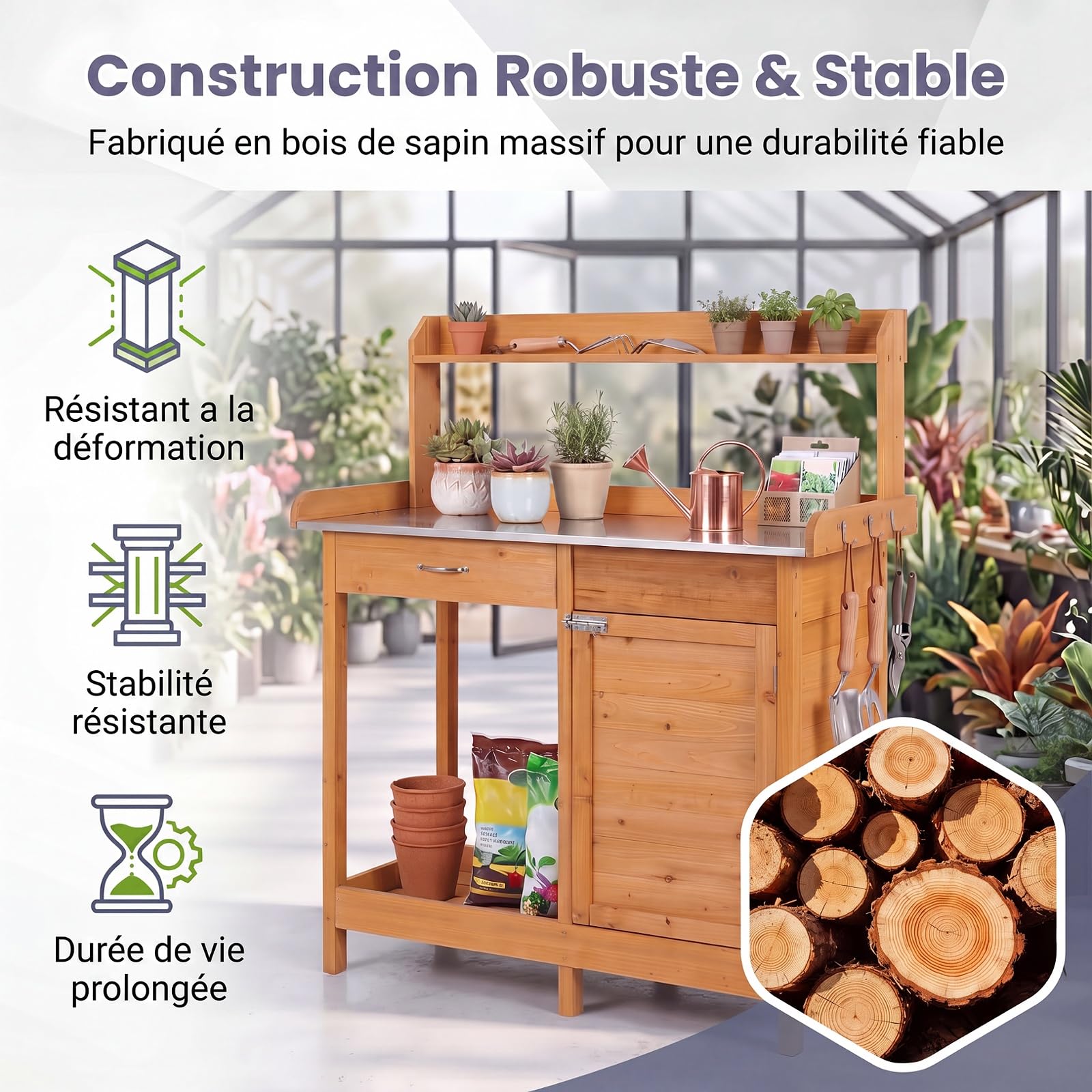 GYMAX Table de Rempotage Extérieur en Bois avec Plateau INOX (Jaune)