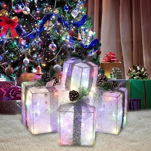 Miniatura 5 de Cajas de regalo iluminadas de Navidad, juego de 4 cajas de regalo con luces preiluminadas, juego de cajas de regalo iluminadas que funcionan con