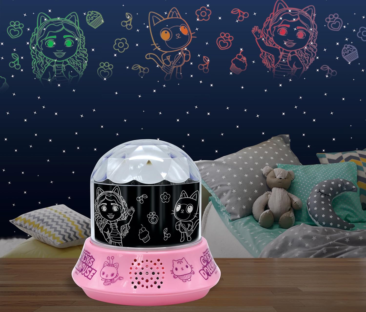 Lexibook, Gabby and the Magic House, Night Light with Speaker, Projections by Gabby's Dollhouse, Kaleidoscopic Ceiling Lights, Speaker with Auxiliary Socket, Rechargeable, NLJ035GDH