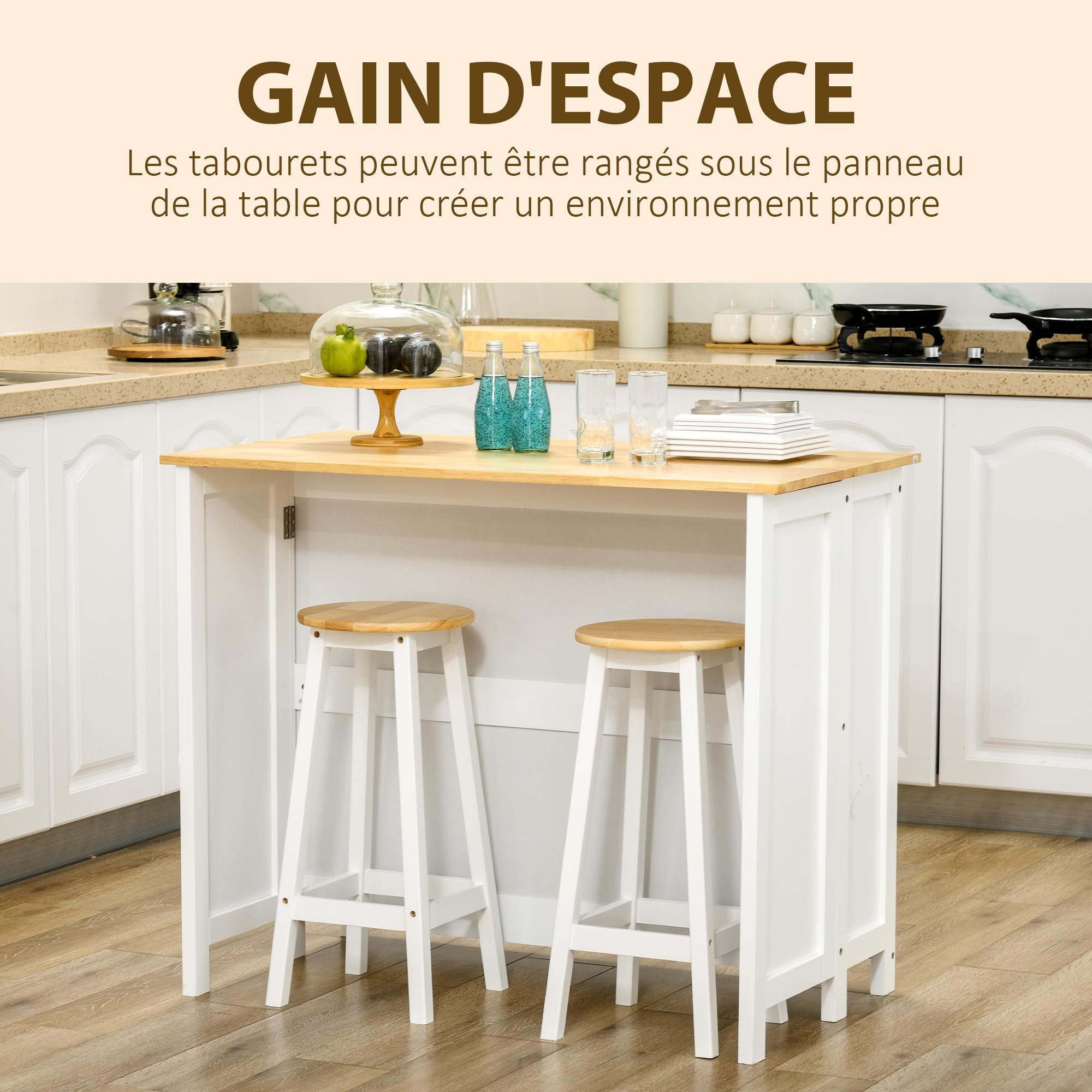 HOMCOM îlot Central de Cuisine avec 2 tabourets, Ensemble Table et Tabouret de Bar, avec 2 armoires, Rangement et Plan de Travail Rabattable, 4 Portes, Design Moderne, Blanc