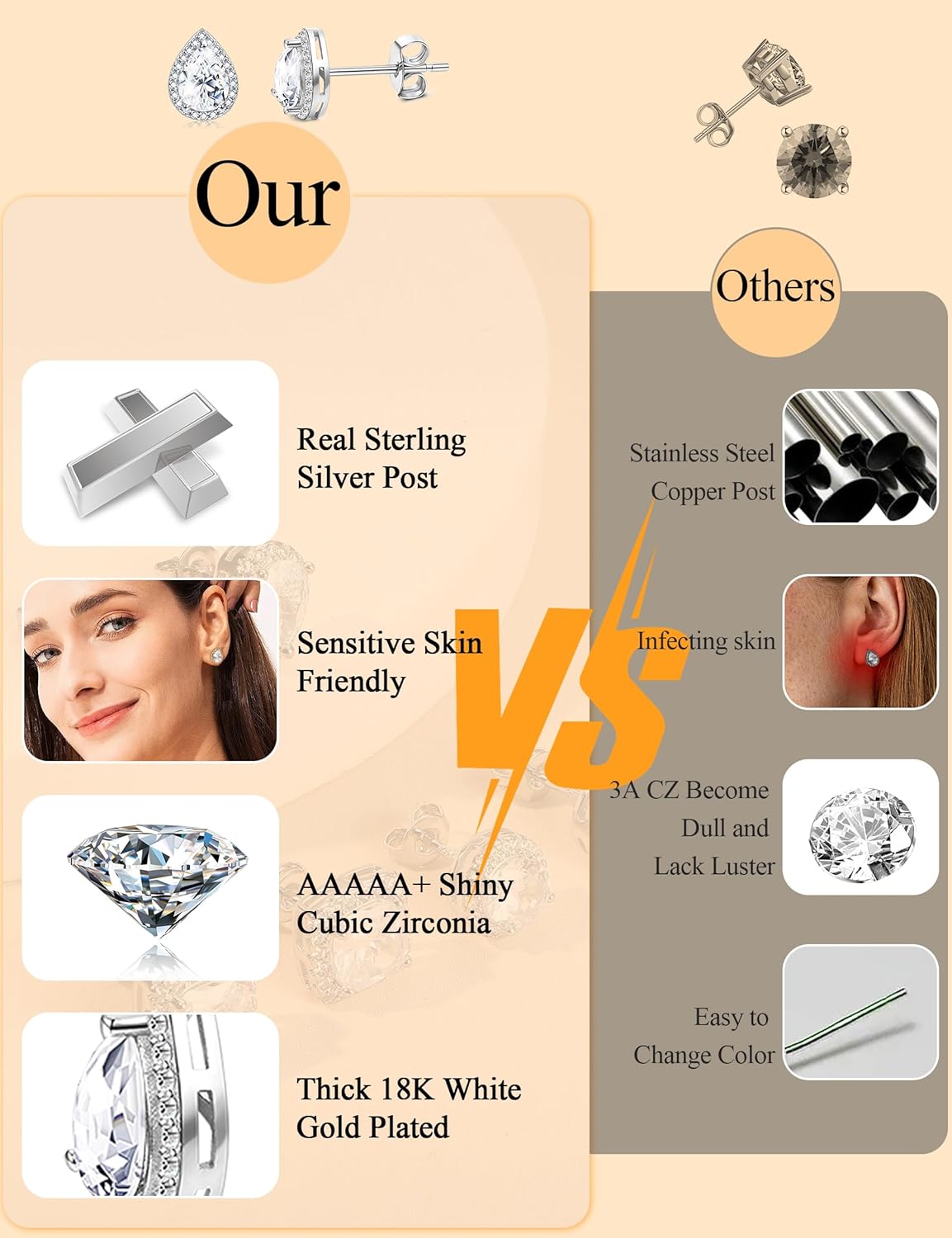 FASACCO 925 Sterling Silver Stud Earrings Large CZ Stud Earrings Fake Diamond Stud Earrings Silver Studs Set Cubic Zirconia Stud Earrings - Image 5