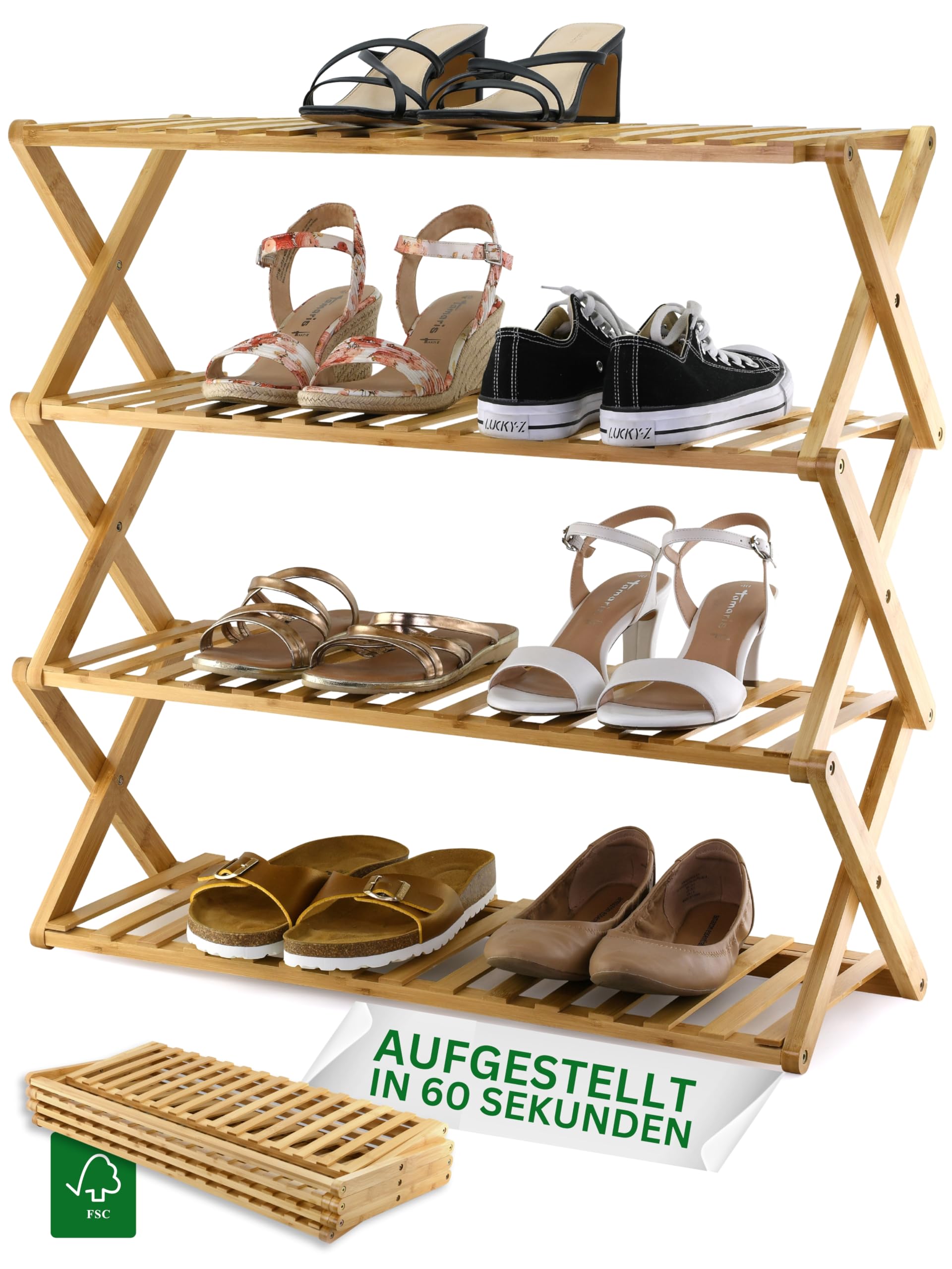 Felino® Schuhregal Schuhablage Organizer aus Bambus Holz offen | 70cm lang | Schuhorganizer offenes Regal klappbar auch für Camping