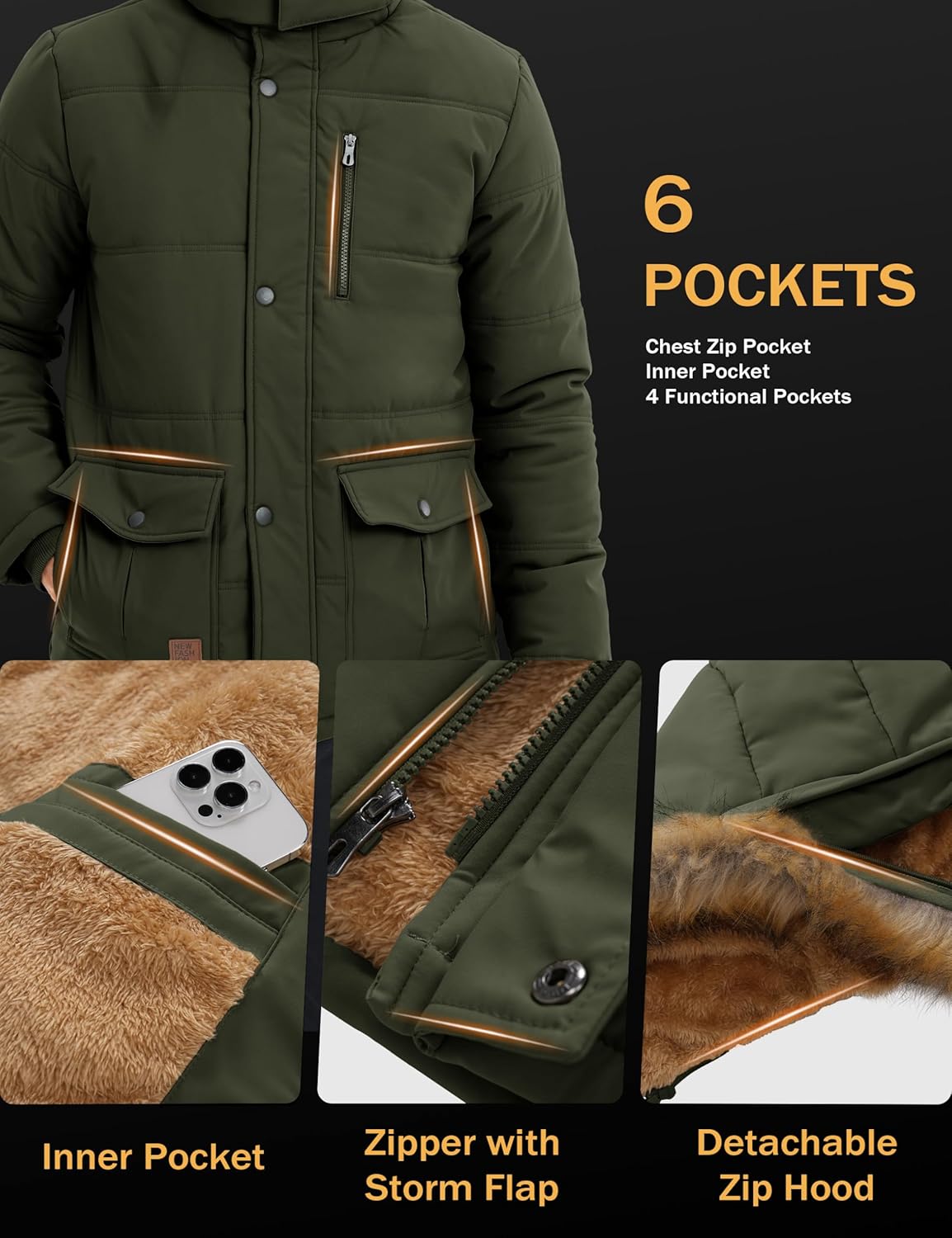 MAGCOMSEN Men's Winter Jacket Fleece Lined Water Repellent Windproof Warm Parka Winter Coat with Hood - Image 6